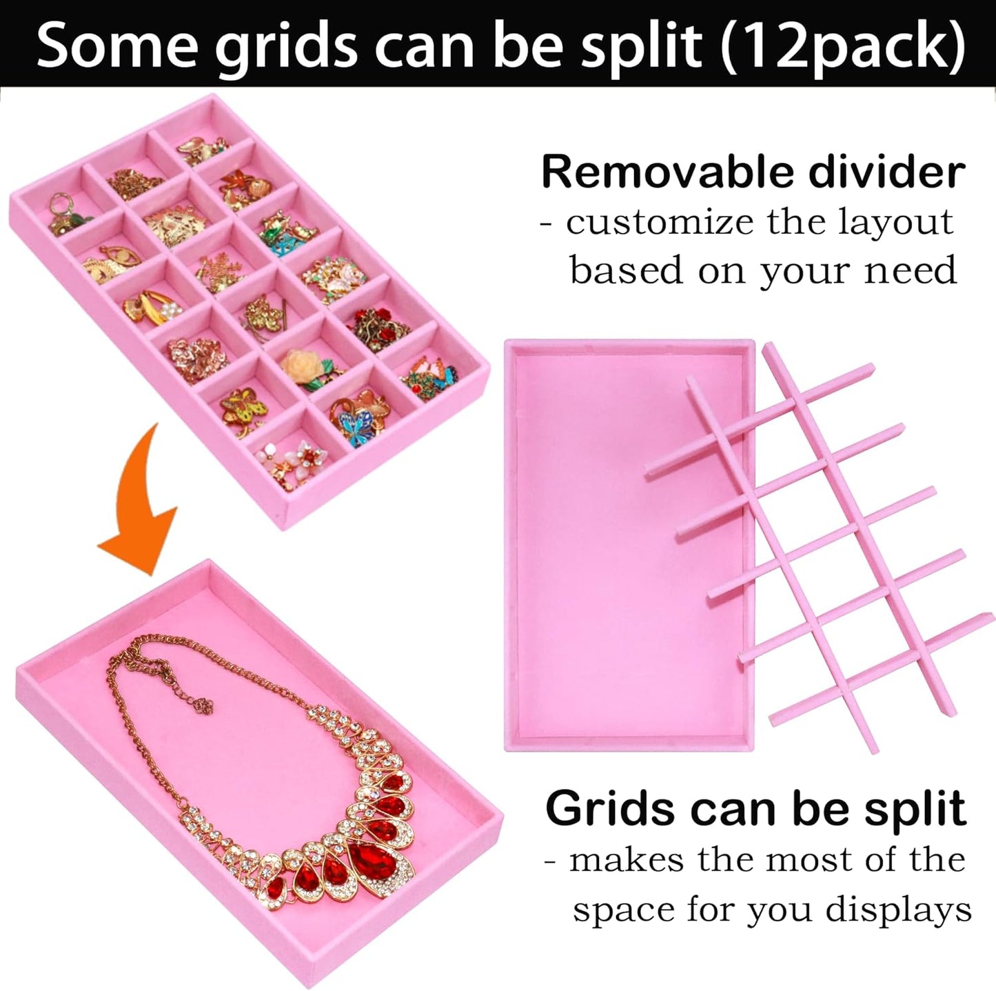 12 Pack Earring Organizer Stackable Jewelry Drawer Tray Removable Jewelry Display Tray Organizer for Necklace Earring Drawer Insert 216 Grids