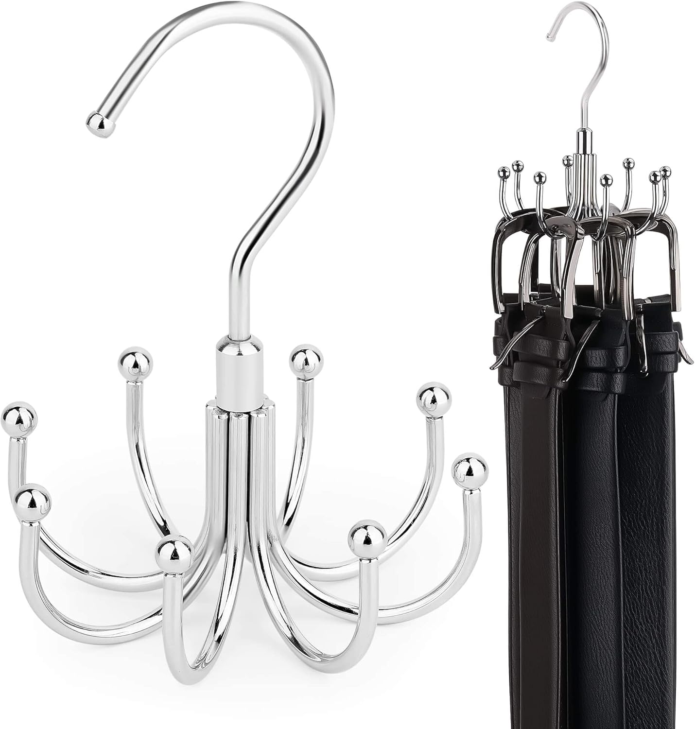 ZEDODIER Belt Hanger, 4 Pack Rotatable Belt Rack Closet Accessories Organizer, Maximum 24 Storage Capacity, Hanging Holder Storage Hook for Belt, Bra, Tank Top, Tie, Scarf, Purse, Silver