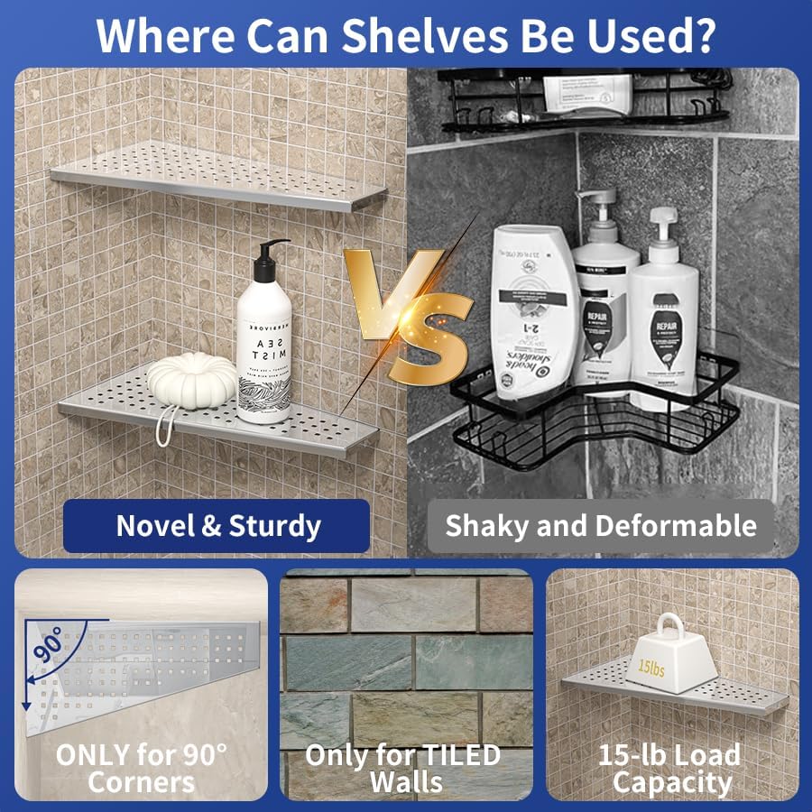 Corner Shower Shelf 12" Polished 304 Stainless Steel Recessed Trapezoid Grout in Shelves with Grid Design Bathroom Shelf Racks for Tiled Wall, 2 Pack