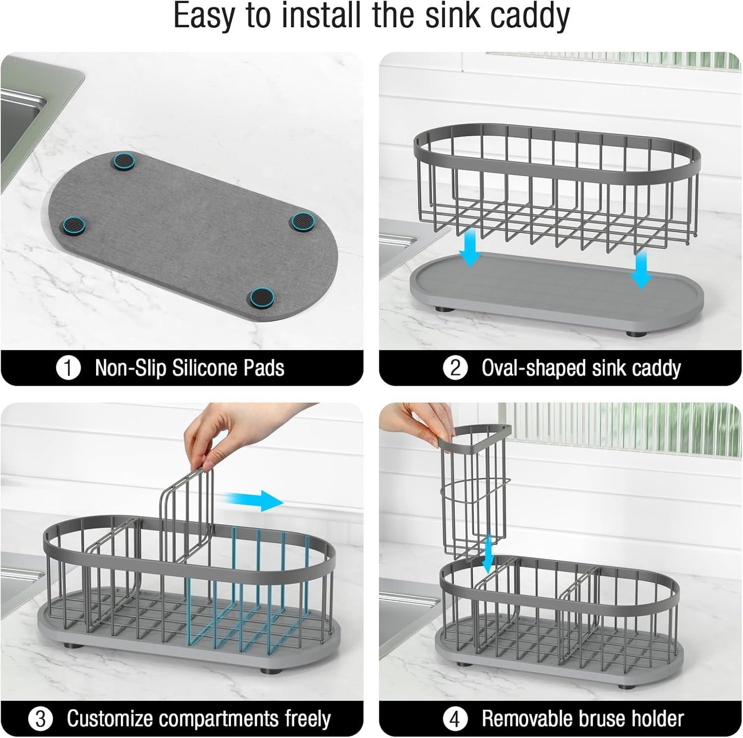 Kitchen Sink Organizer with Sponge Holder & Brush Holder - Drain-Free Non-Slip Base, 2.6mm Stainless Steel with Grey Rust-Resistant Coating - Easy Install & Clean Kitchen Sink Caddy