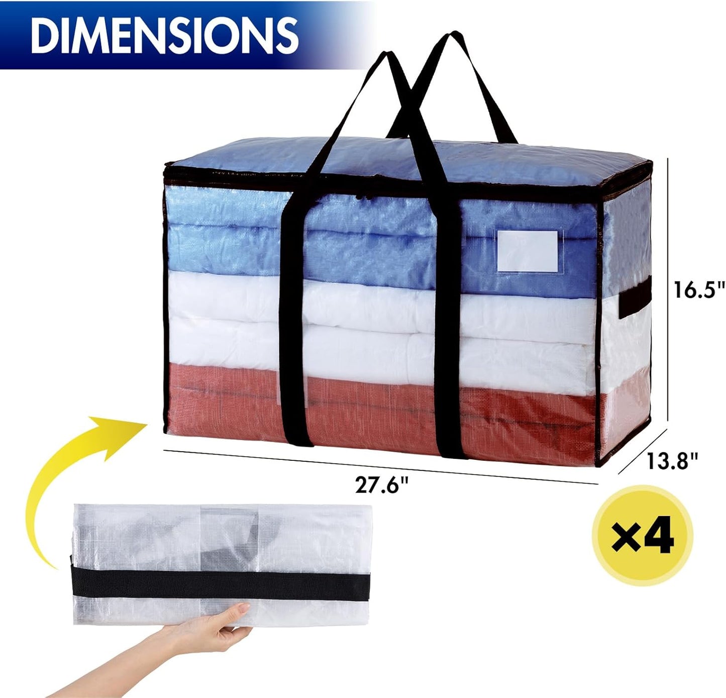TAILI Extra Large Moving Bags, 4 Pack Clear Heavy Duty Totes for Storage with Visible Window, Wrap Around Handles, Storage Bags for Space Saving, Alternative to Moving Boxes