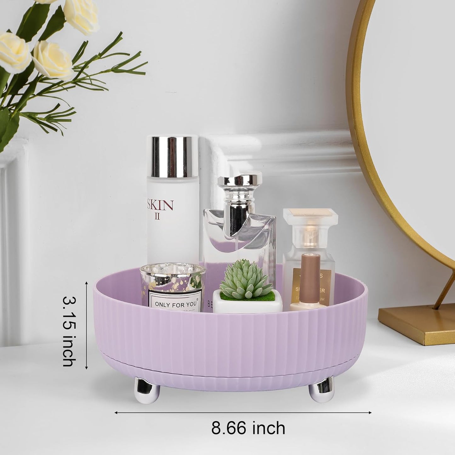 Anyoifax Makeup Perfume Organizer Tray 360 Degree Rotating Lazy Susan Skincare Lotion Organizer Spinning Cosmetics Storage for Dresser, Vanity, Bathroom Countertop, Small Purple