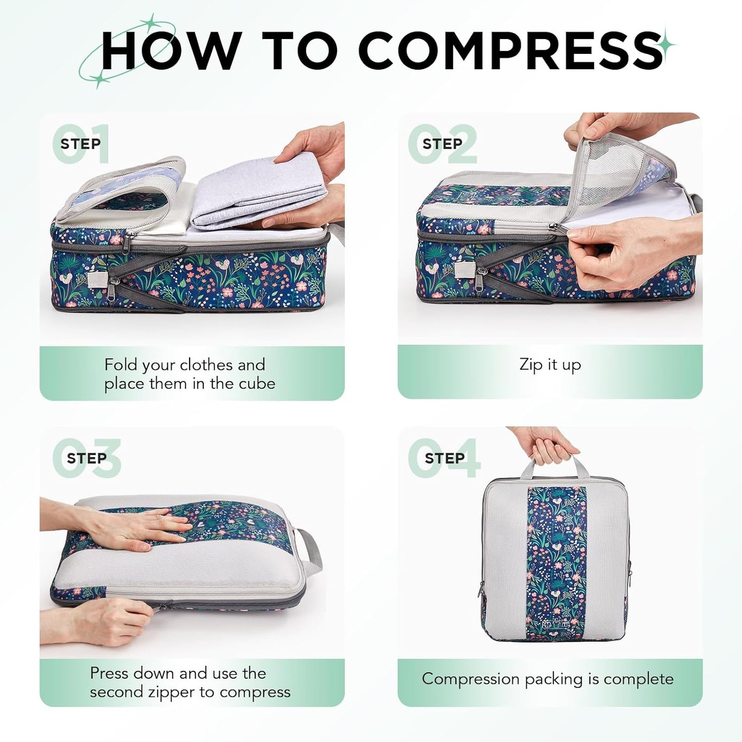 8 Set Compression Packing Cubes for Travel Essentials,Compressible Expandable Packing Cubes for Suitcase,OlarHike Luggage Organizer Bags for Travel(Dark Blue Floral)