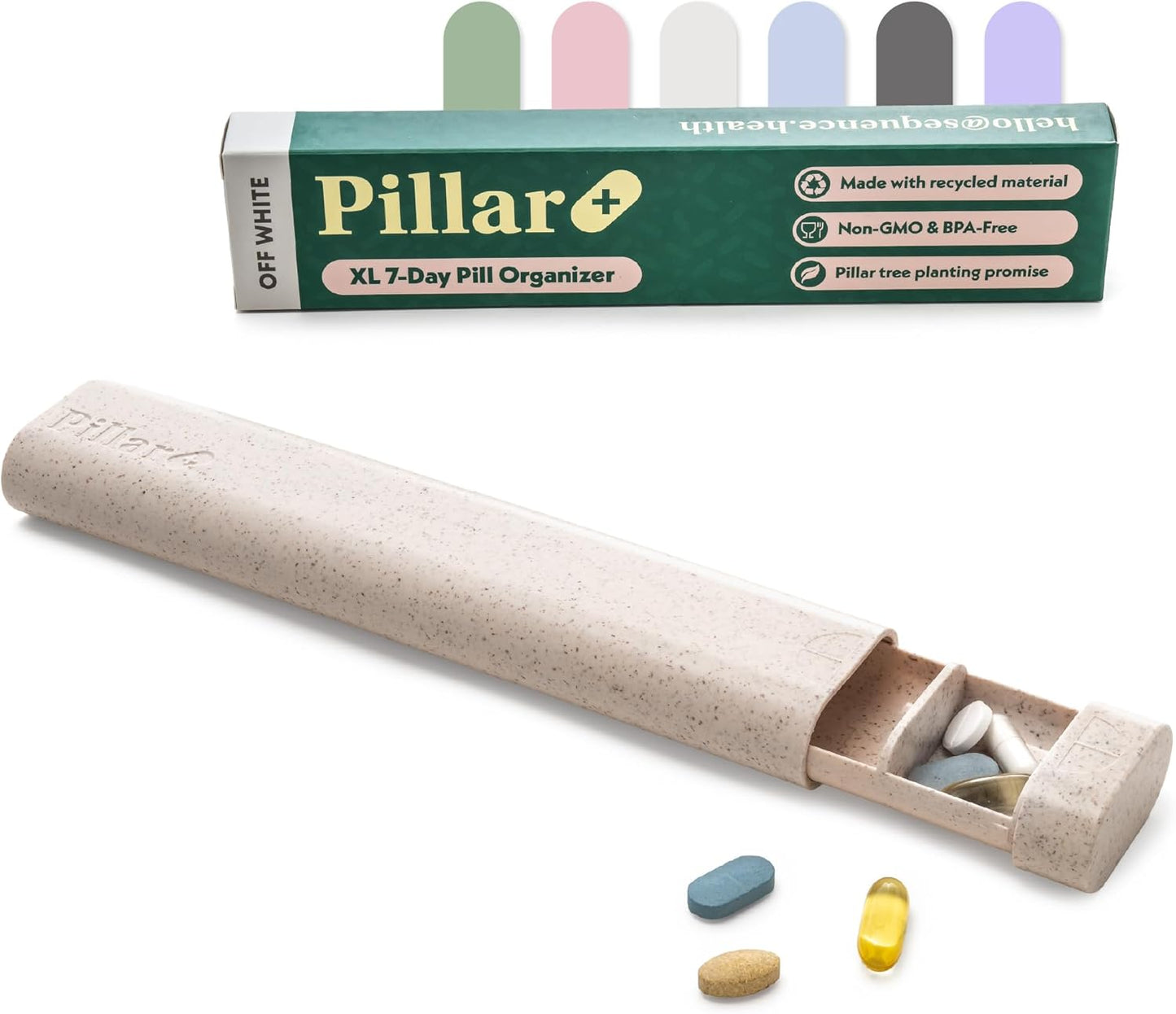 Pillar Plus - Aesthetic 7 XL Day Pill Organizer | BPA-Free Wheat Straw Medicine Case | Pretty Travel & Home Tablet Vitamin Organizer | Cute Weekly Pill Box | Travel Medicine Organizer (Off White)