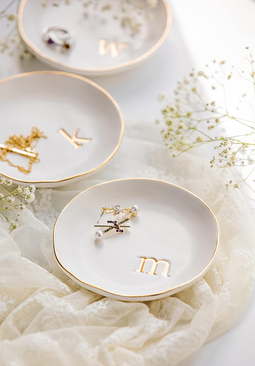 COLLECTIVE HOME - Ceramic Jewelry Tray, Decorative Trinket Dish for Rings Earrings Necklaces Bracelet Watch Keys, Birthday Mother's Day Christmas Gift for Women, 4.75", White Surface (C)