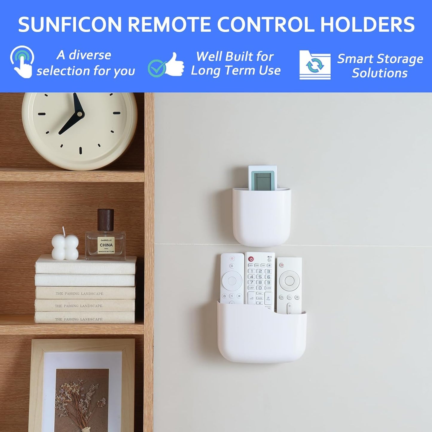 SUNFICON Remote Holder Wall Mount TV FAN Remote Control Holder Bedside Caddy Wall Organizer Phone Holder for Office Adhesive Media Player Controller Holder Box Tray Home Desk Nightstand White 3 Small