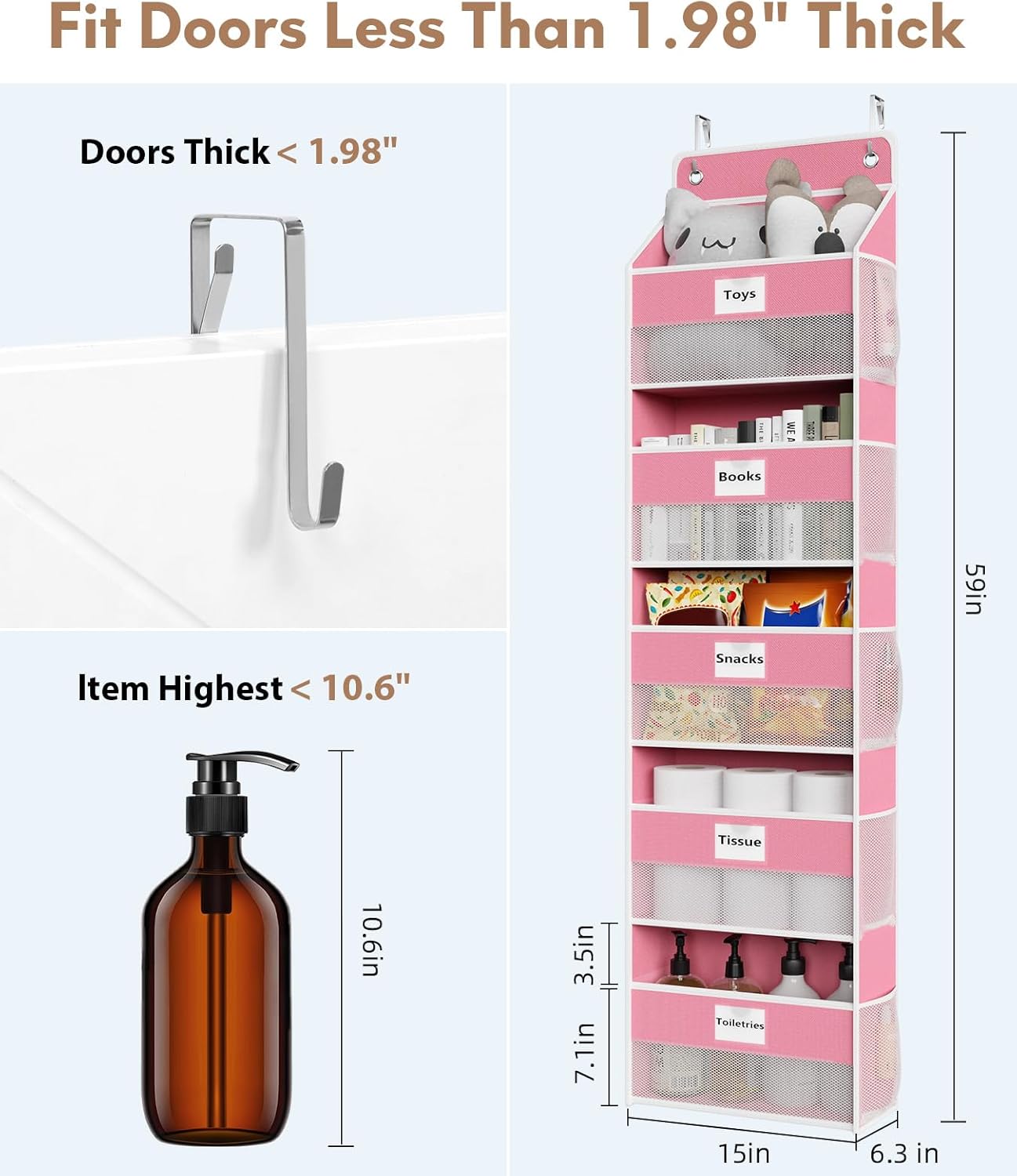 Over The Door Organizer Hanging, 2 Pack 5 Shelf Behind The Doors Storage, Pantry Door Organizer, Closet Organizers for Bedroom and Nursery (Pink)