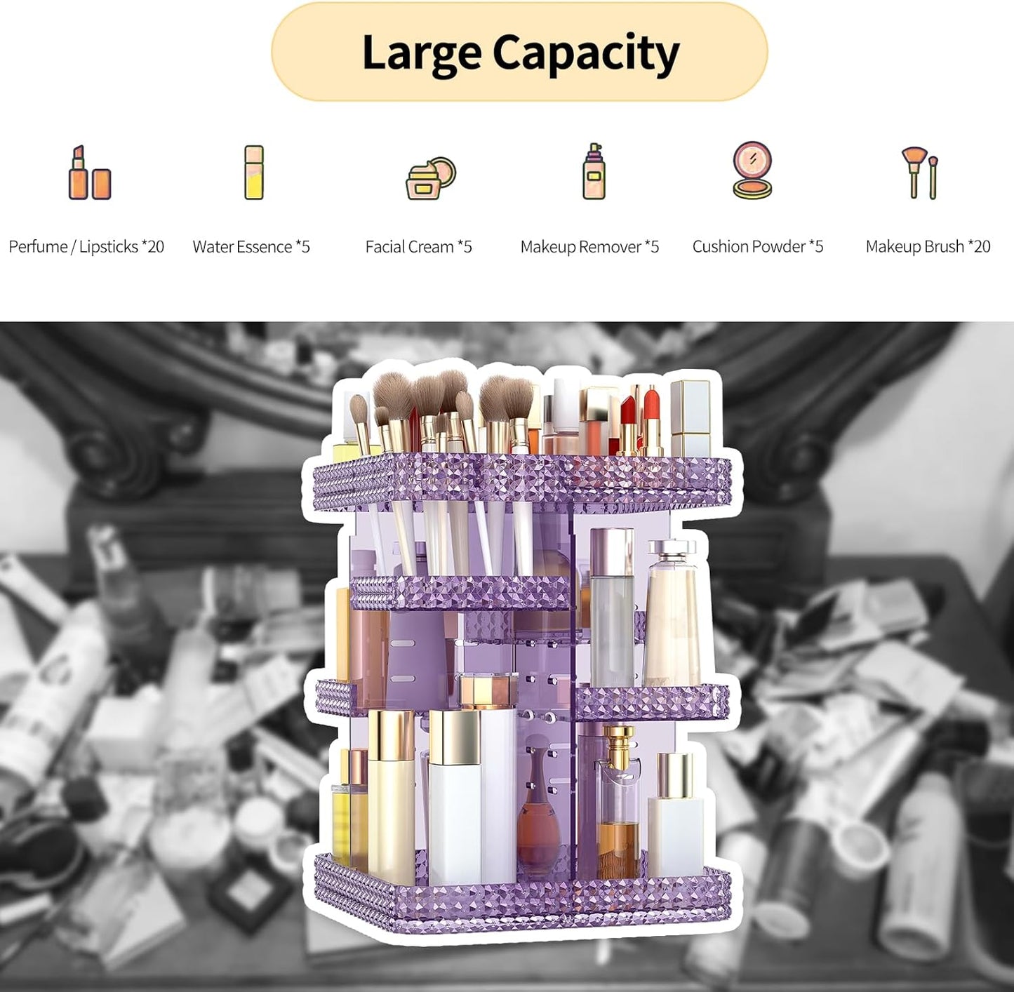 Rotating Makeup Organizer, Large Capacity Cosmetic Display Case, Acrylic Skincare Organizer with Makeup Brush, Makeup Storage Organizer for Dresser Countertop and Bathroom Vanity - Purple