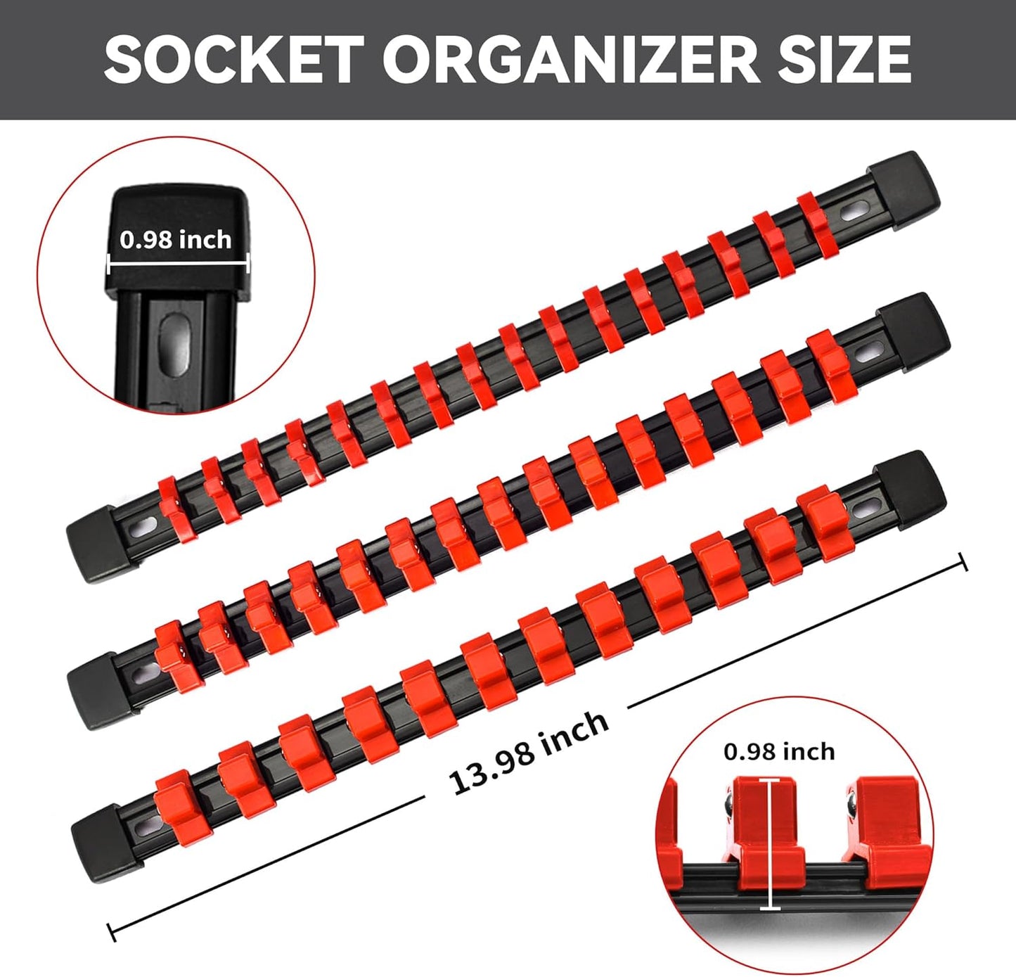 Socket Organizer Drive ABS Tools - Red Socket Holder, Premium Quality 9 Pieces Socket Holders Kit 1/4-Inch x 48 Clips, 3/8-Inch x 45 Clips, 1/2-Inch x 36 Clips