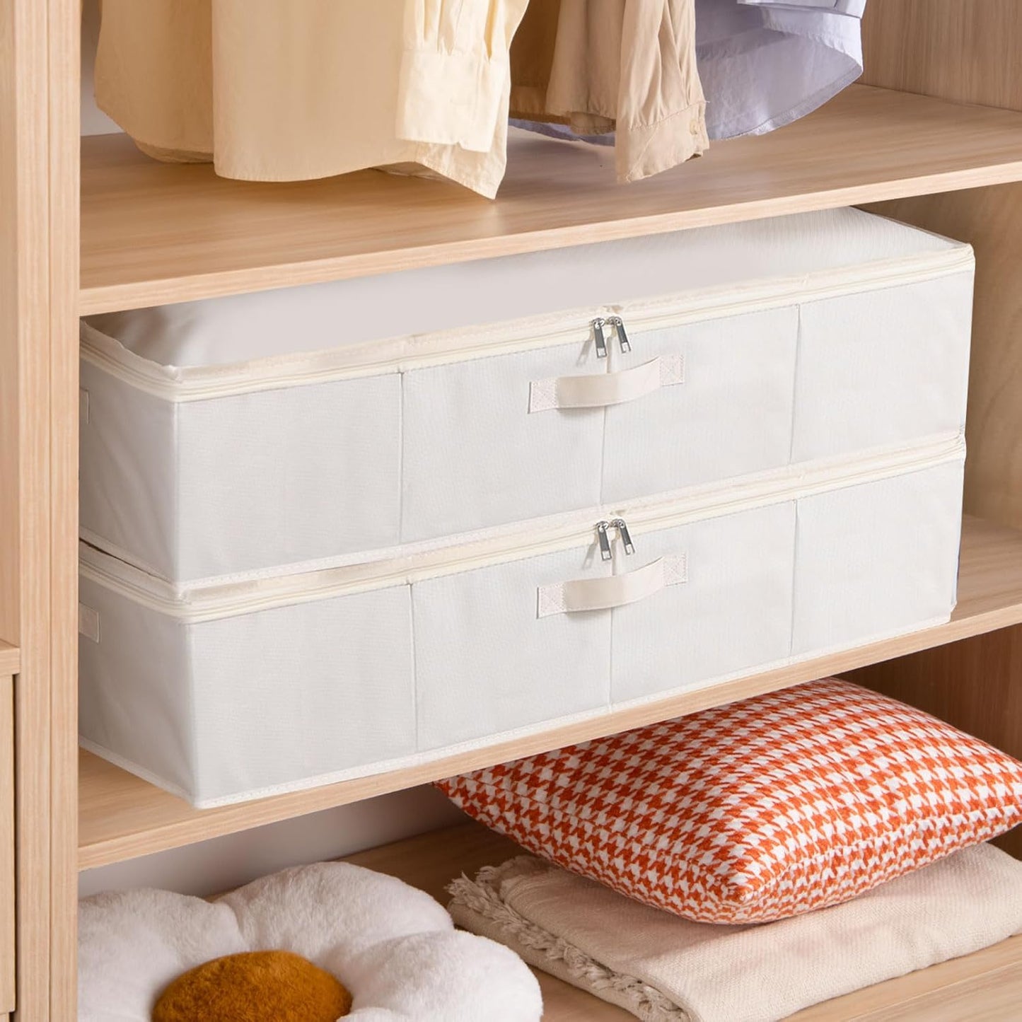 Under Bed Storage Containers, Storage Bins With Lids, Clothes Organizers for Blanket, Pillows, Shoes, Beige, 2 Pack, 23.6 x 11.8 x 5.9 Inch