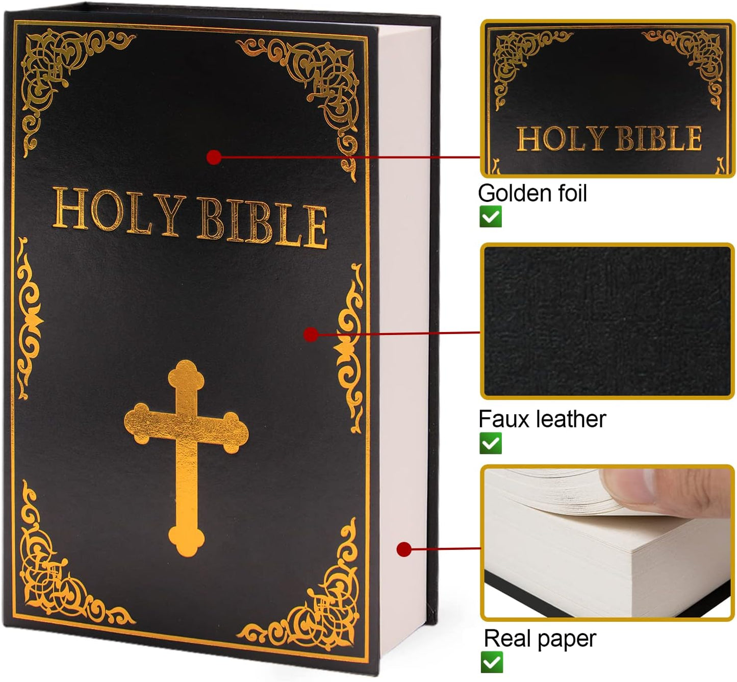 Leather Book Safe (Size 10.79"×7.72"×1.97") Real Paper Secret for Jewelry, Money and Cash, Diversion Book Safe,Hollow with Hidden, Combination Lock (L, Bible-Combination)