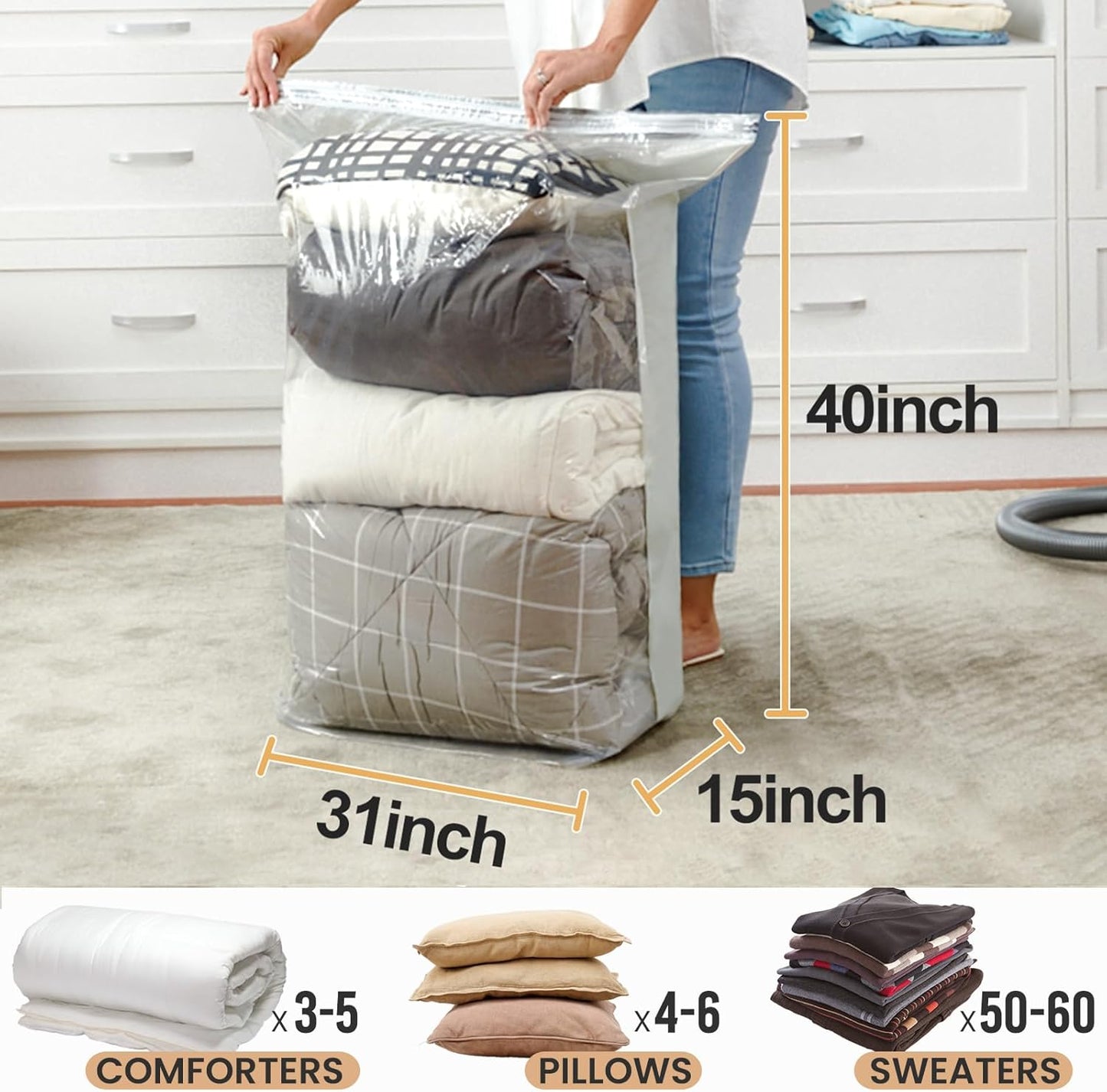 TAILI 8 Pack Vacuum Storage Bags, Jumbo Cube (31x40x15 Inch), Extra Large Vacuum Seal Bags for Clothes, Comforters and Blankets, Bedding, Closet Organization, Cream