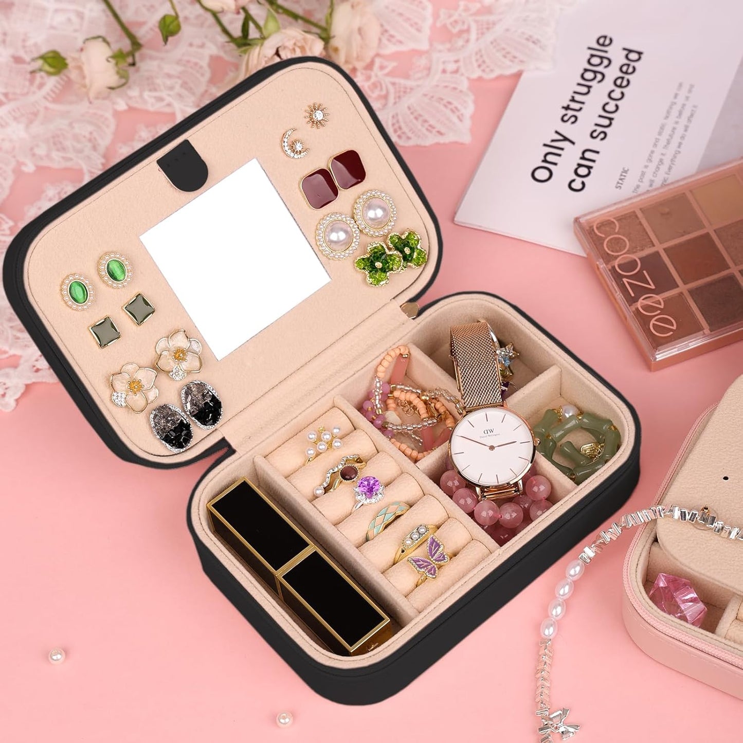 TopPerfekt Travel Jewelry Case, Jewelry Box with Mirror, Jewelry Organizer Bridal Shower Gifts to Her, Earring Storage Travel Case, Trendy Gift for Women and Girls, Girlfriend-Letter A, Black