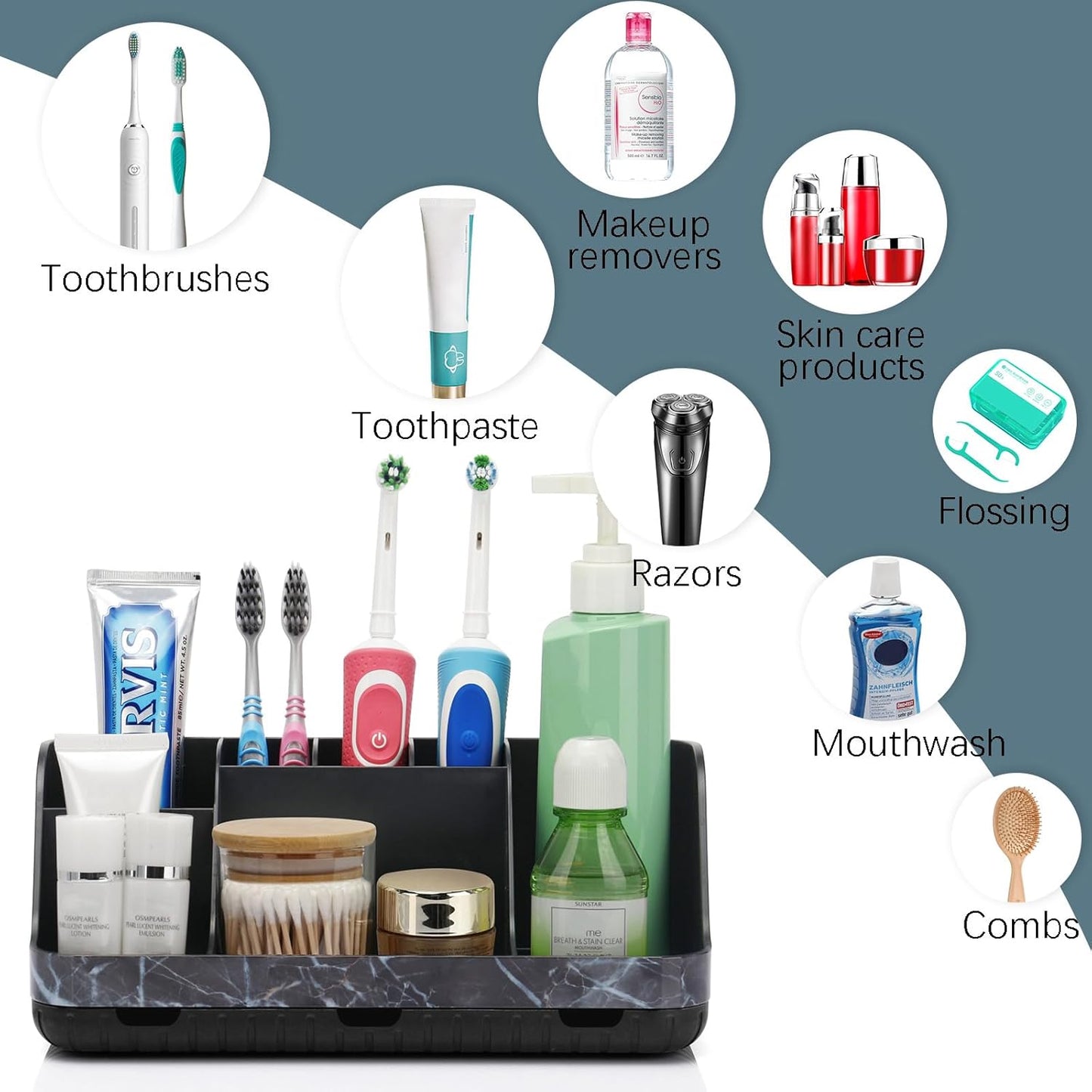 Marble Black Toothbrush Holders for Bathrooms - Detachable 7 Slots Bathroom Organizer Countertop Matte Black Electric Toothbrush and Toothpaste Holder for Bathroom Counter Vanity Sink Storage