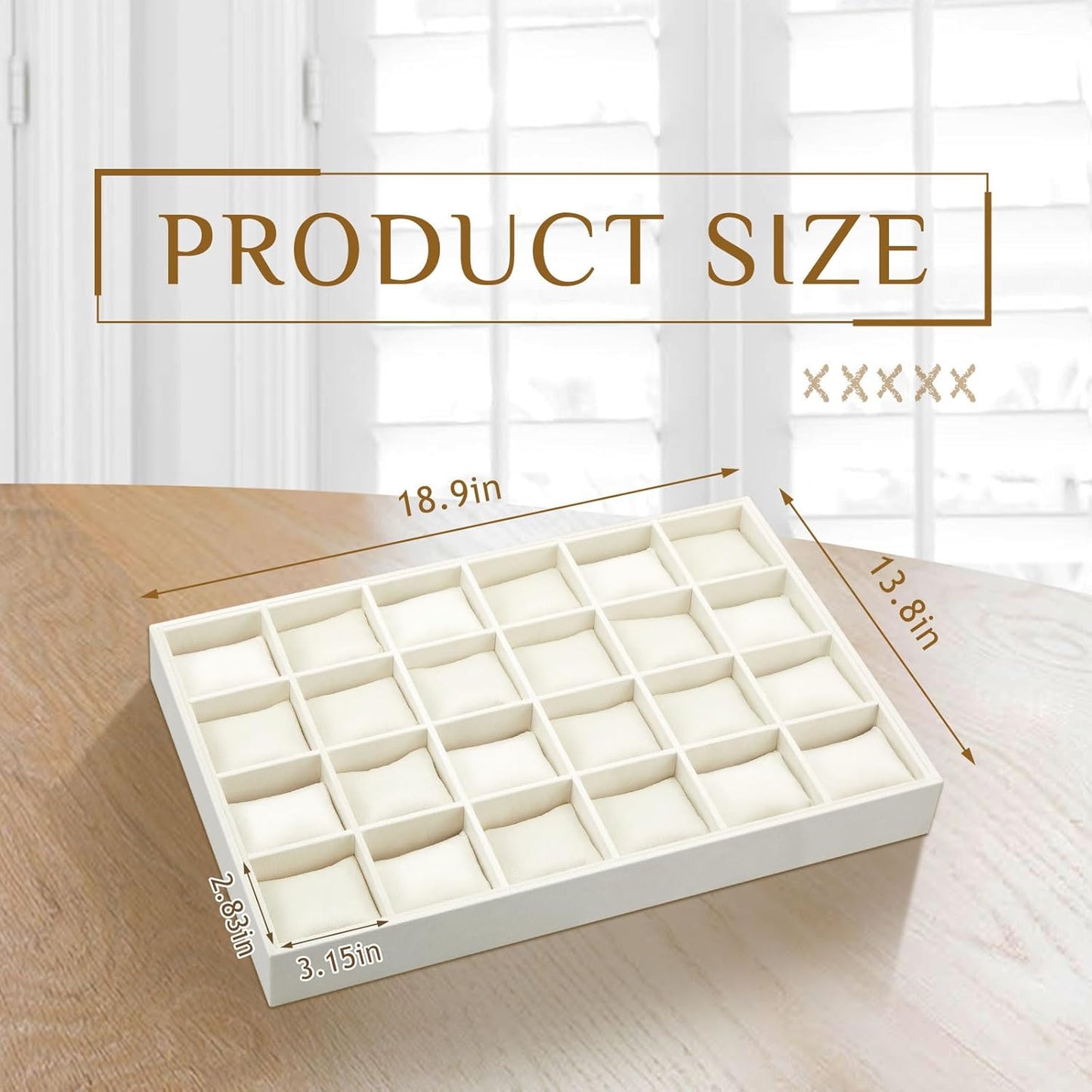 Henoyso 2 Pieces 24 Grid Velvet Watch Tray Jewelry Organizer Stackable Watch Bracelet Bangle Display Holder Adjustable Pillow(Beige)