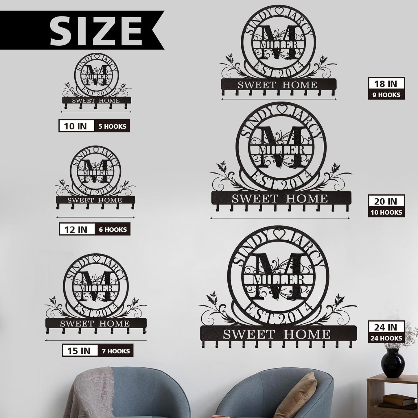Personalized Key Holder for Wall, Custom Family Name Metal Wall Key Hanger, Key Hooks with Monogram Design, Key Rack Holder Wall Mount for Living Room Bedroom, Anniversary Couple Gift