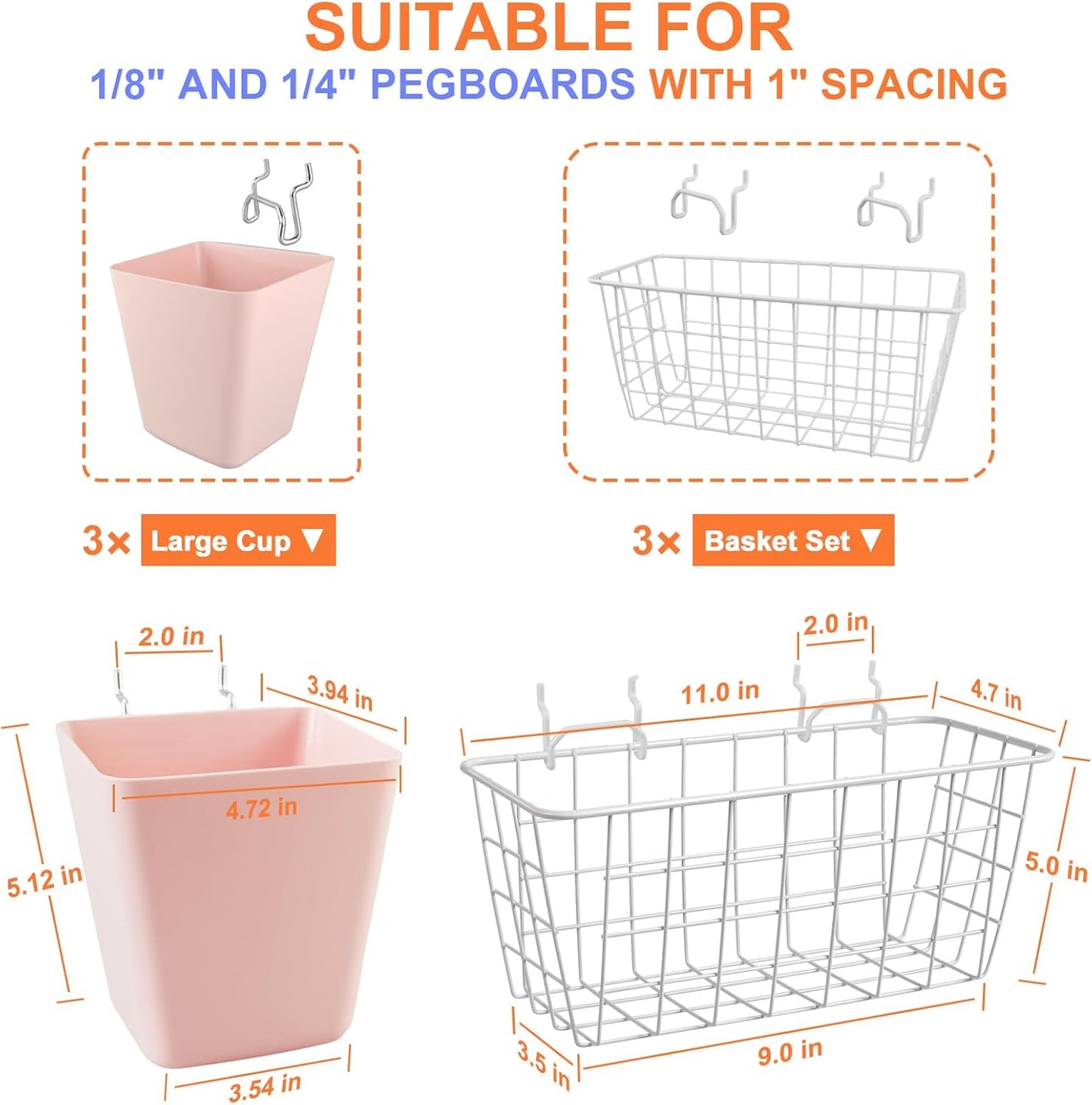 Pegboard Basket Organizers, Peg Board Large Baskets Hooks Bins Cups Tool Organizer 6 Pack Set, Wall Storage Display Hanging Accessories for Craft Office Stadio Shed Garage Organization (White & Pink)