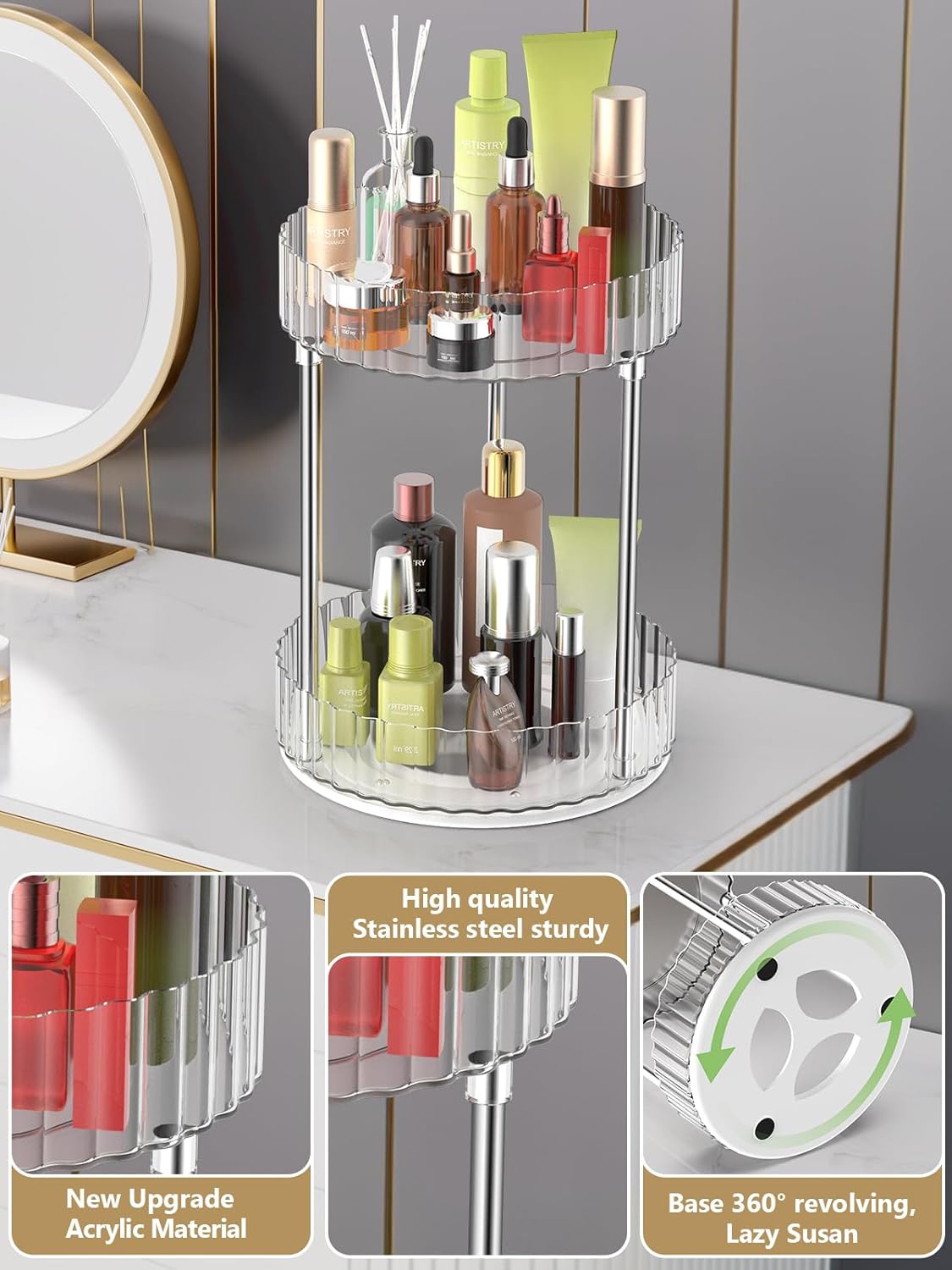 Makeup Organizer,360° Rotating Makeup Organizer, 2-Tier Round Rotating Skincare Organizer Countertop,Fits Bedroom, Bathroom, Vanity Shelf Countertop(Clear)
