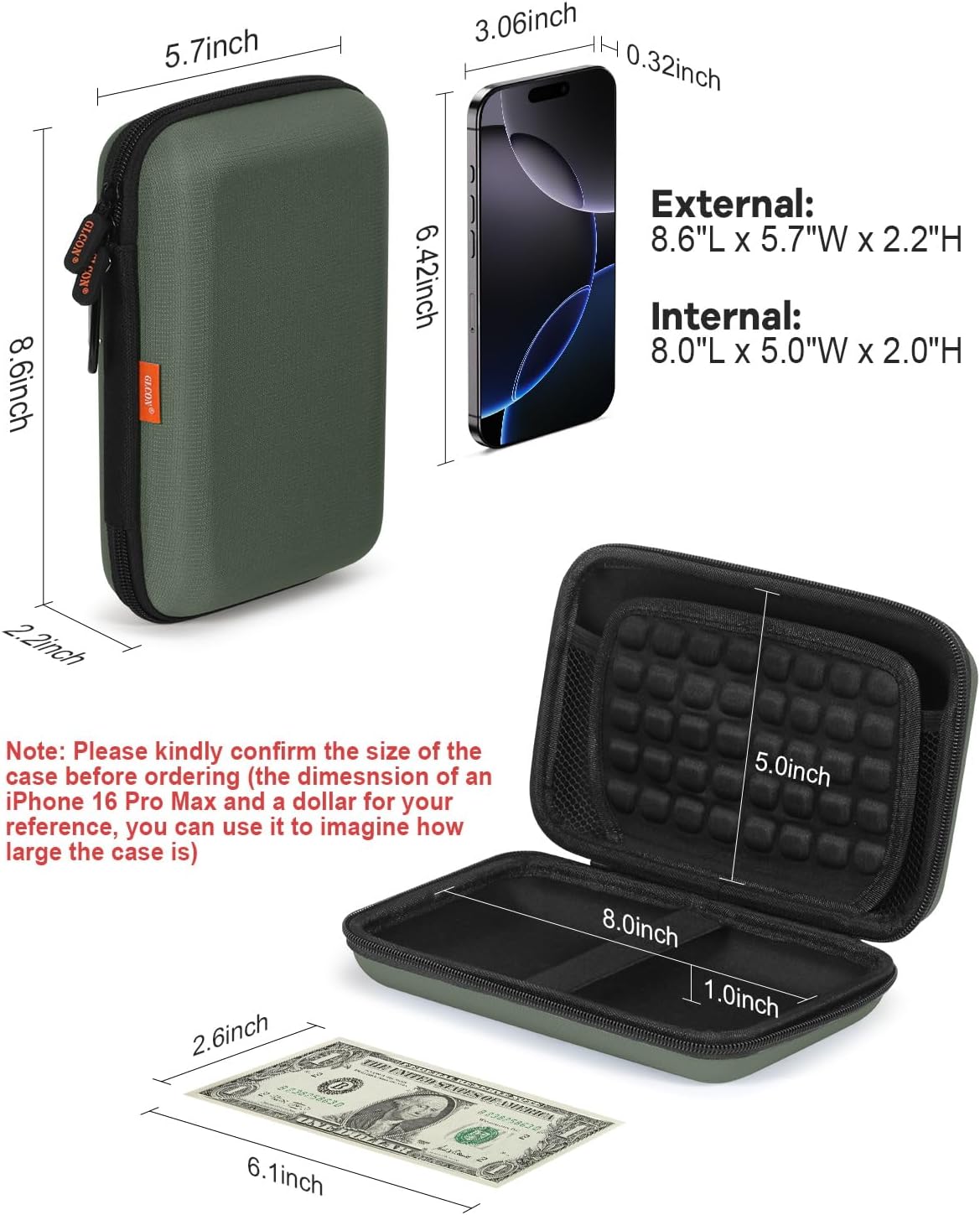 GLCON Large Classic Army-Green Case - Hard Shell Electronic Organizer Travel Carrying Case - Shockproof Electronic Accessories Storage Pouch Bag for Game Drive, Hard Disk, Power Bank, Charger