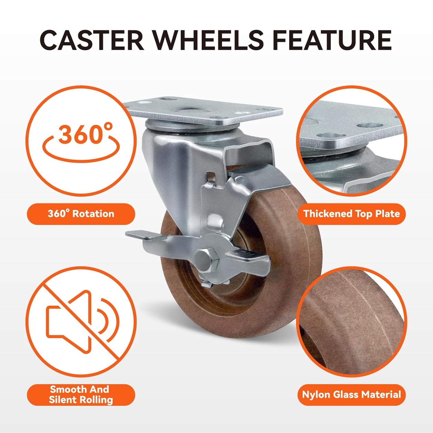 4" Hi-Temp Glass FiIled Nylon Casters, Heavy Duty Casters Set of 4, Industrial Caster Wheels for Commercial Kitchen, Bakery - 2400 lbs Capacity(2 Brake & 2 Rigid)