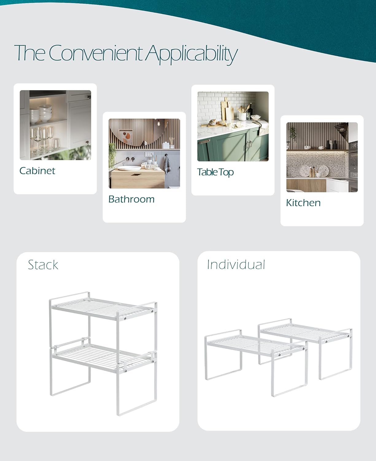 2 Pack Kitchen Cabinet Shelf Counter Organizer Rack Pantry Storage Bathroom Bedroom Office Table Desk Space Saving Steel Frame Stackable Rust Resistant Non Slip White