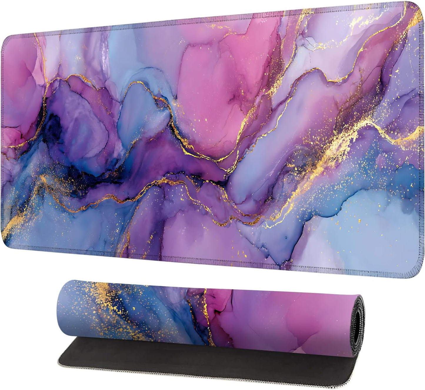 Purple Marble Ink Mouse Pad – Large Extended Desk Mat 31.5 x 11.8 in– Alcohol Ink Watercolor with Gold Vein Design, Non-Slip Base, Waterproof Surface, Aesthetic Keyboard & Mouse Pad