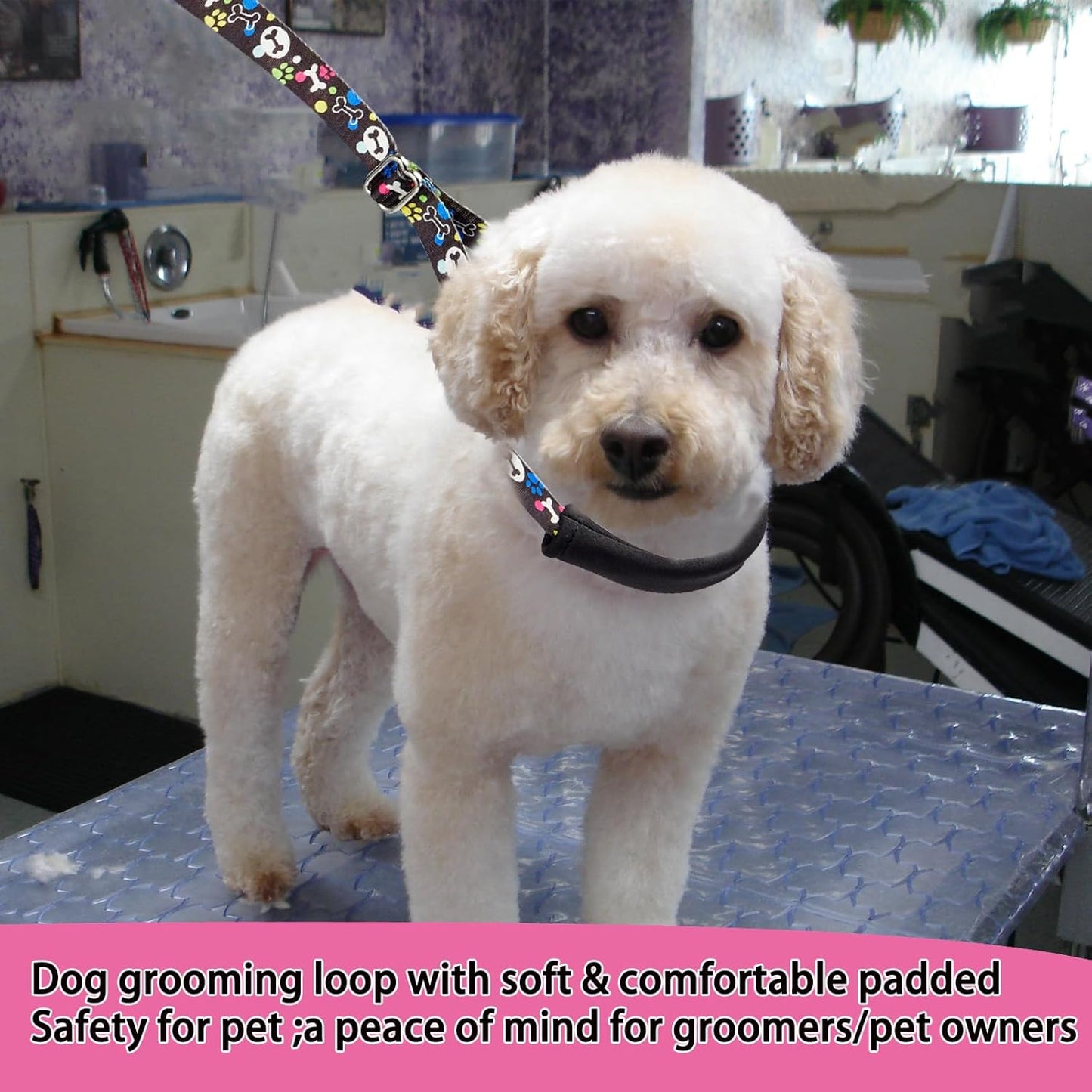 Dog Grooming Belly Straps – Adjustable Grooming Loops with Cute Paw & Bone Pattern Pet Grooming Belly Support Band Table Accessories for Small Medium Large Dogs(Pink)