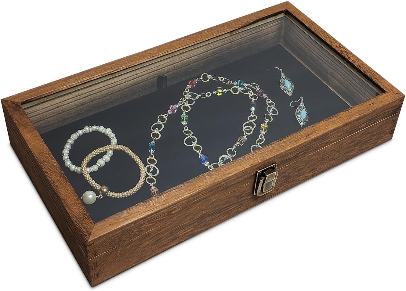MOOCA Glass Top Wooden Jewelry Display Case with Removable Black Luxurious Velvet Jewelry Display Pad, Deeper 2.75-Inch Design for Taller Collectibles, Brown Color