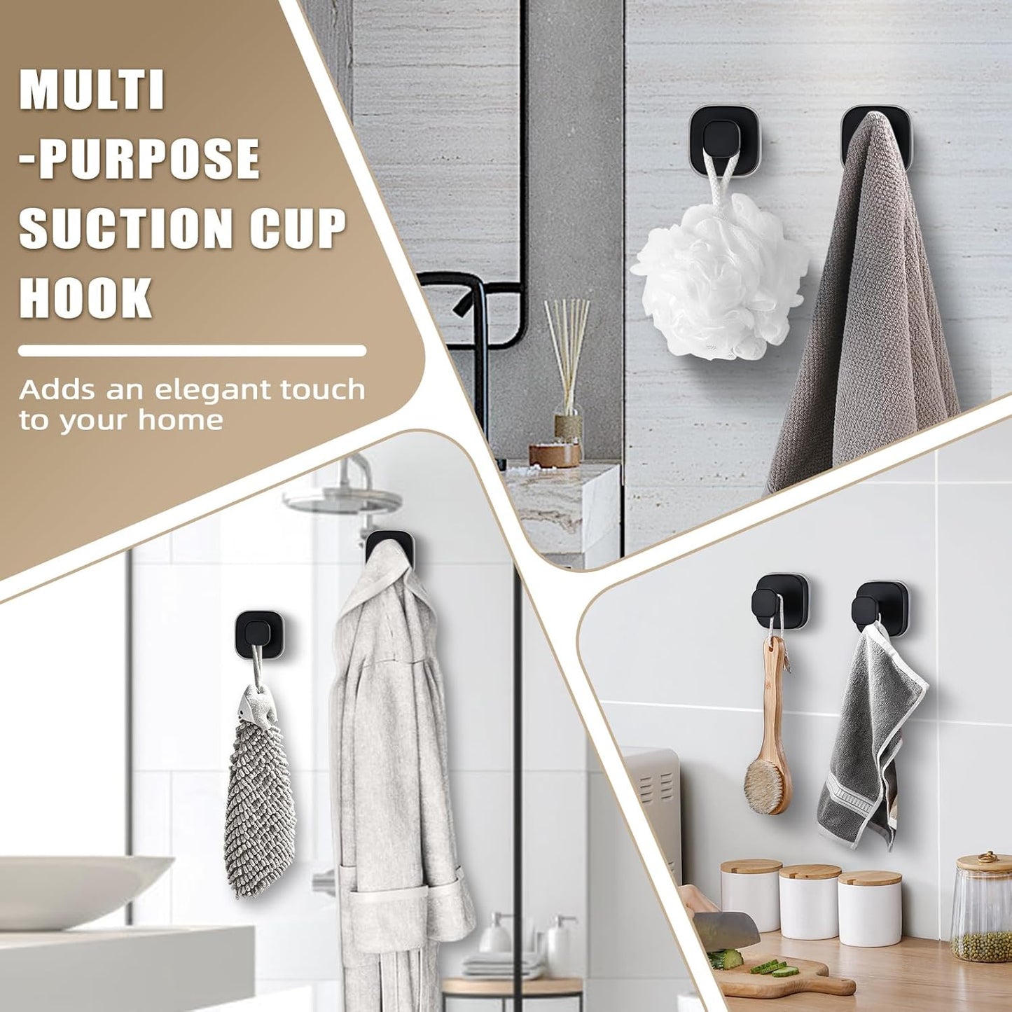 Suction Cup Hooks for Shower - Resuable Bathroom Hooks for Towels, Robes & Loofah - No-Drill Mounting on Kitchen,Walls,Metal,Glass,Mirrors,Tile & Smooth Non-Porous Surfaces (4, Matte Black)