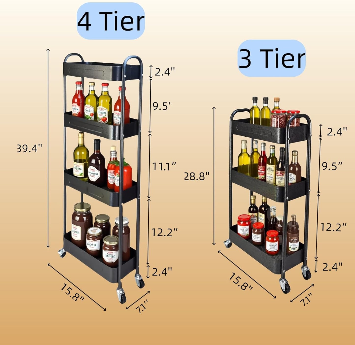 4 Tier Slim Storage Cart with Wheels for Laundry Room Between Washer and Dryer, 7.1'' Narrow Rolling Cart with Wheels and Lockable Casters, Metal Thin Standing Shelf for Small Space, Black