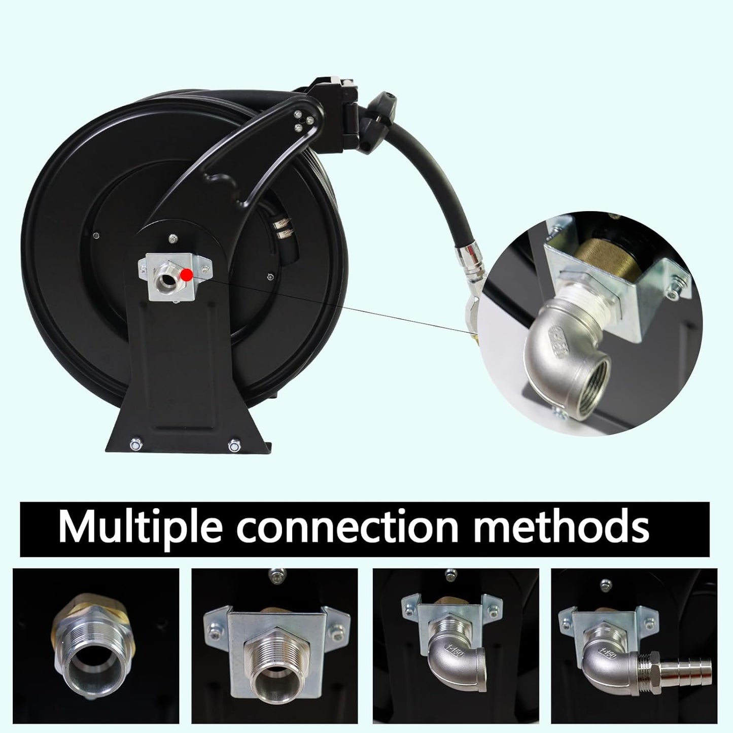 Fuel Hose Reel,3/4"X50' Retractable Ratchet Spring Driven Diesel Hose Reel,360 Rotating Fuel Hose Swivel,AUTO Fuel Nozzle,SS304 Elbow Pipe,Barb Fitting,300 PSI,Swivel Steel Construction Reel
