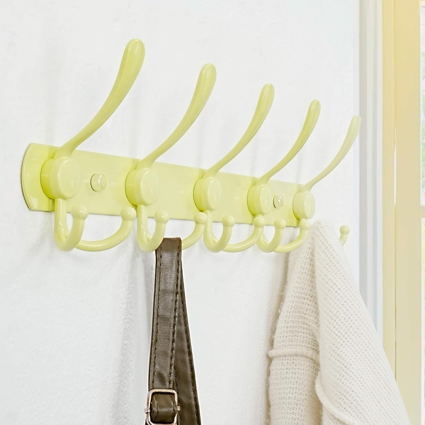 Dseap Coat Rack Wall Mounted - 5 Tri Hooks, Heavy Duty, Stainless Steel, Metal Coat Hook Rail for Coat Hat Towel Purse Robes Mudroom Bathroom Entryway, Yellow