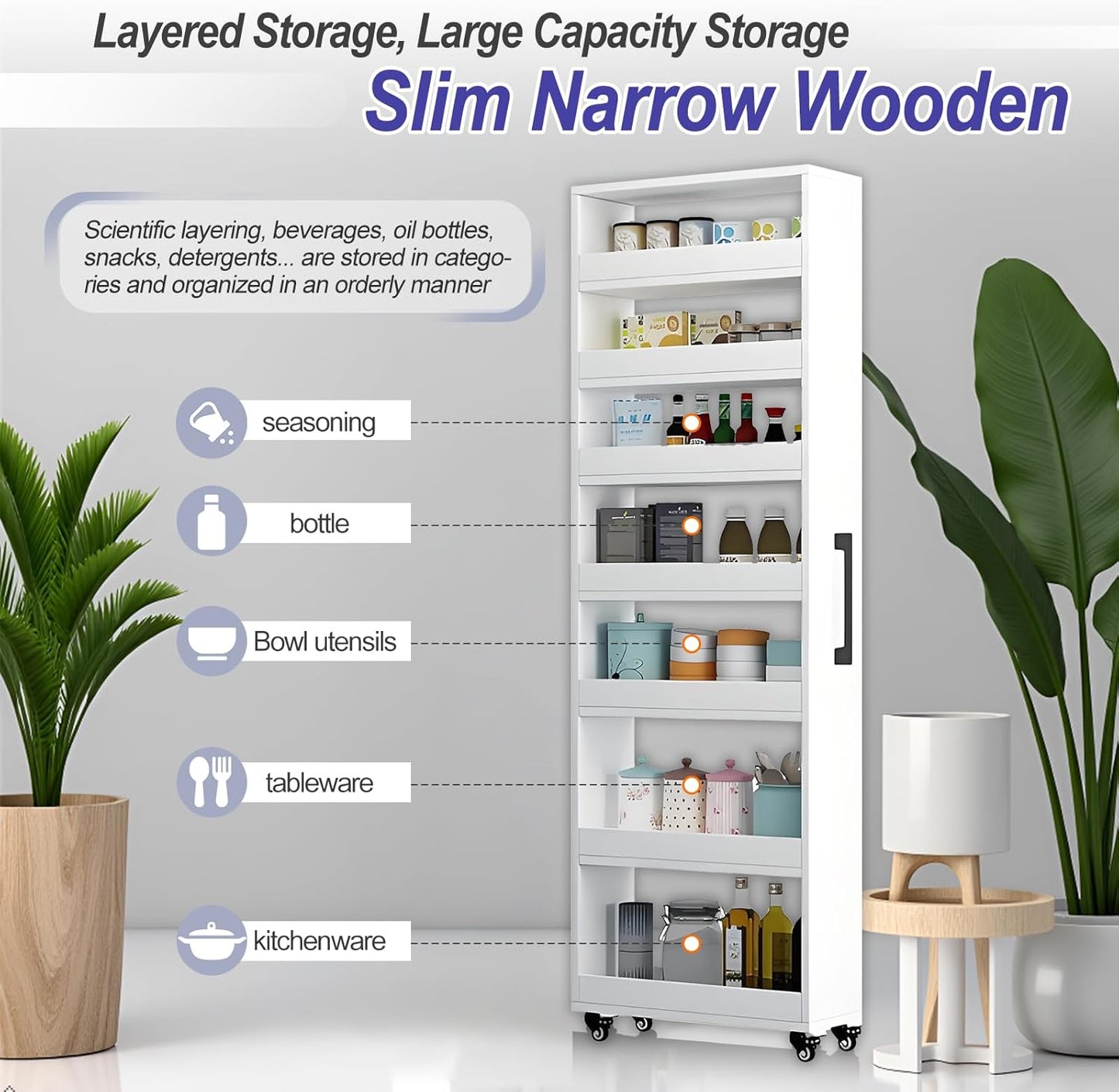 7-Tier Slim Storage Cart, Wooden Rolling Pantry Cabinet with Wheels, Narrow Shelf Organizer for Kitchen, Bakers Rack, Dining Room, Closet, Small Spaces Warm White 47.2" H*7.8" W*16.9" D
