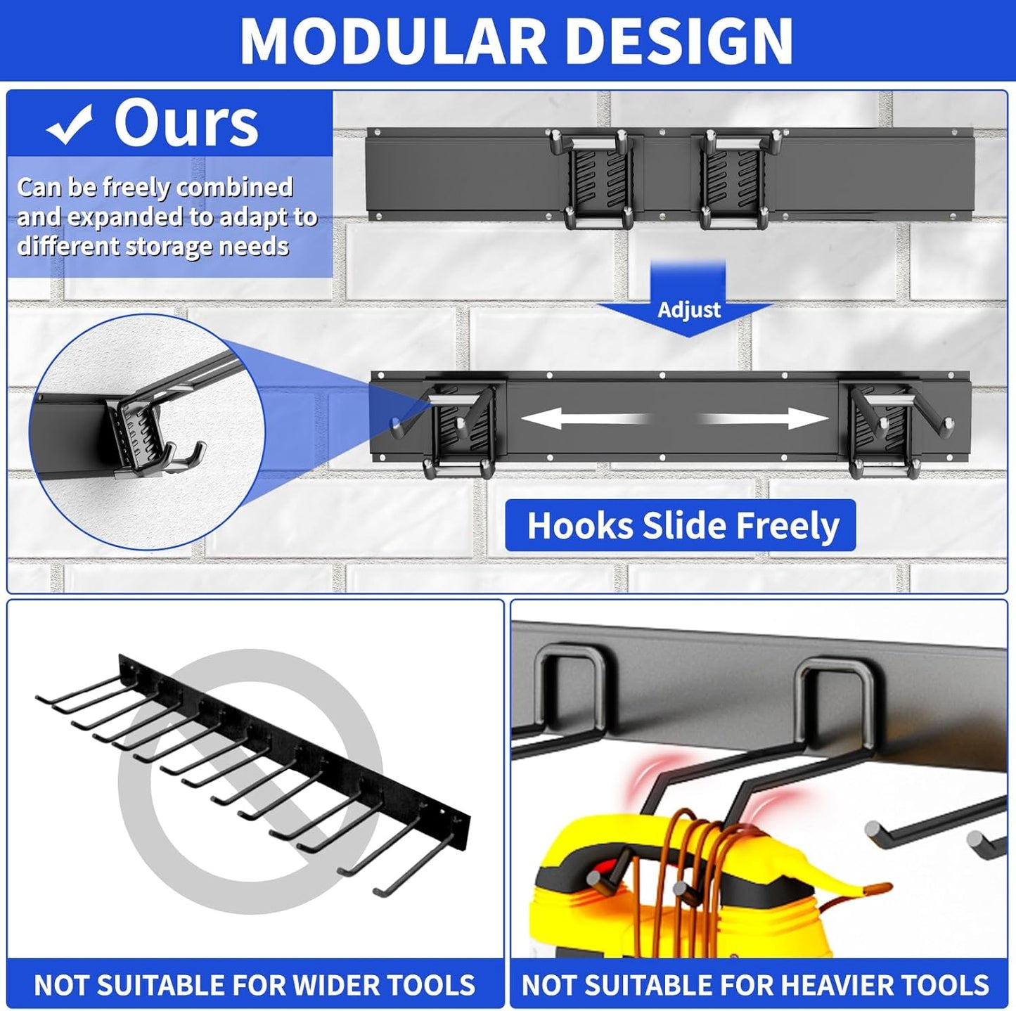 Tool Organizer Wall Mount, 32inch Heavy Duty Garden Tool organizer Storage System, Easy Install With 6 Adjustable Hooks, For Garage, Basement, Shed, Workshop(Black)