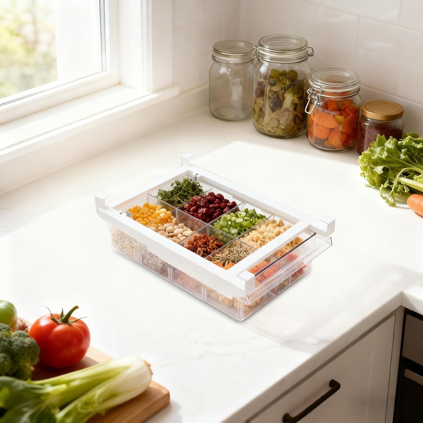 Fridge Drawer Organizer, Refrigerator Organizer Bins, Pull Out with Handle, fridge drawer organizer for Deli Meat, Cheese, Produce and More, Stretchable and Deep Storage (White)