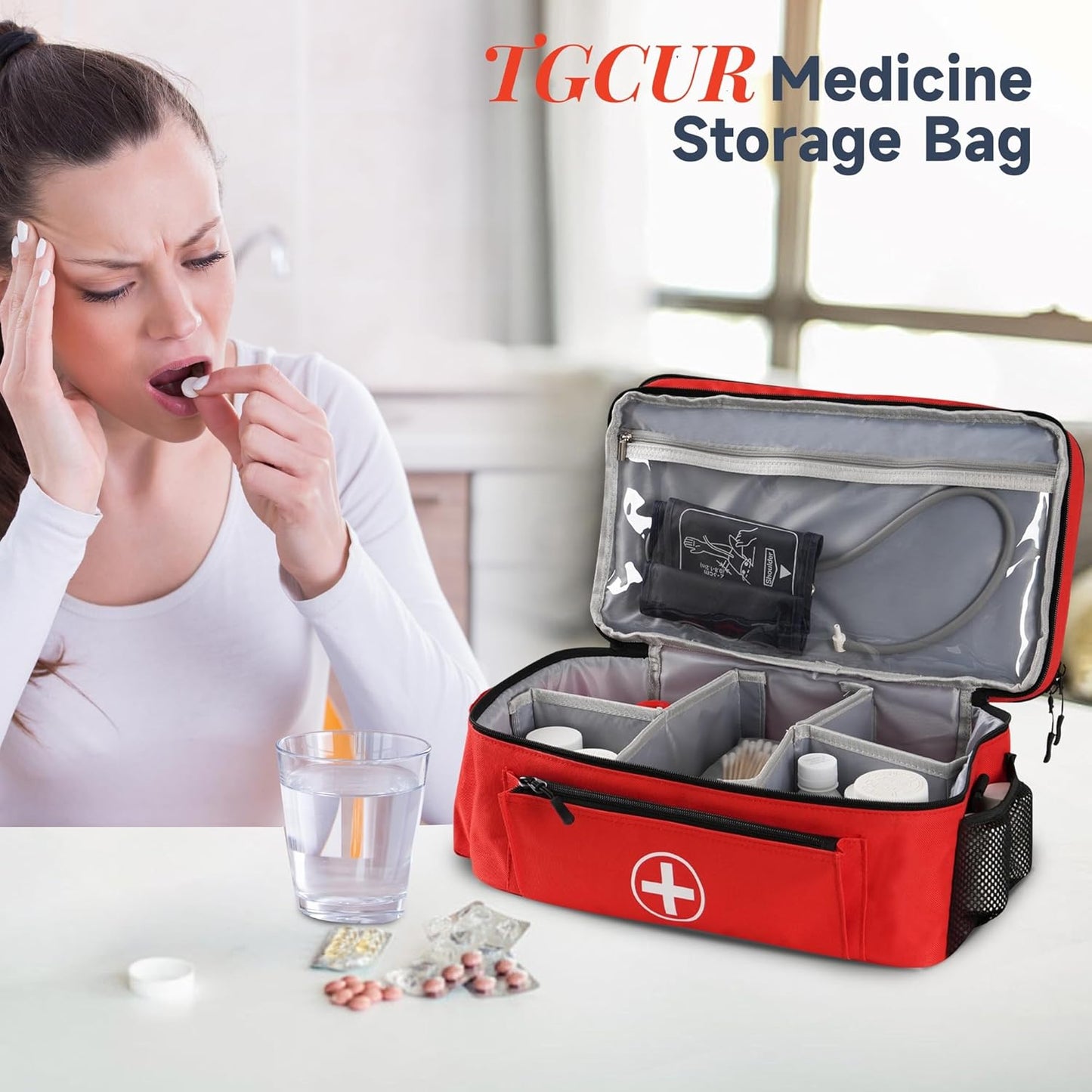 Medicine Organizer and Storage Bag Empty, Family First Aid Box, Pill Bottle Organizer Bag for Emergency Medication, Supplements or Medical Kits, Zippered Medicine Bag for Home and Travel (Red)
