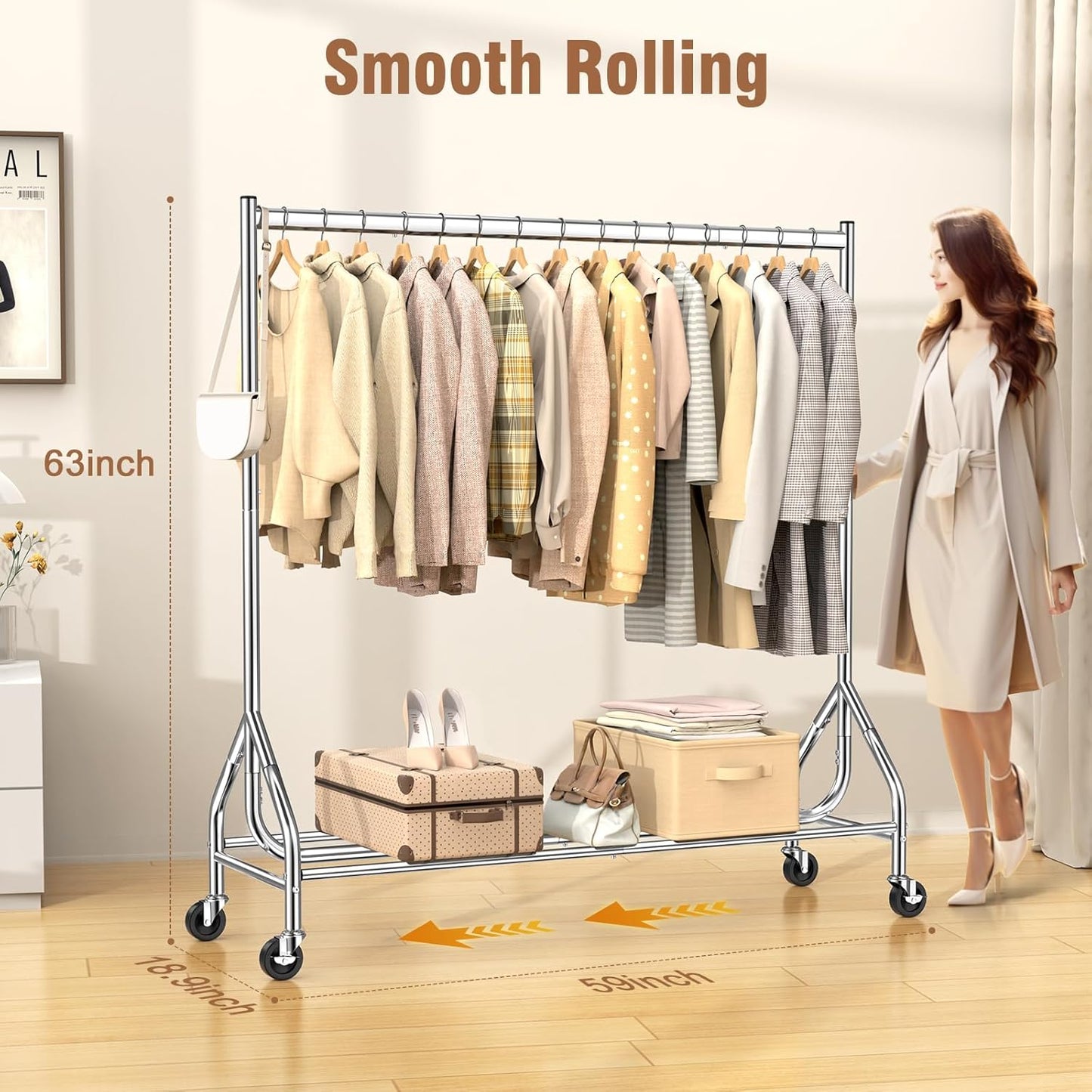 EAGMAK Heavy Duty Clothes Rack Load 420 LBS, Rolling Garment Rack with Lockable Wheels, Standing Metal Clothing Rack, Portable Wardrobe Sturdy Coat Rack for Hanging Clothes (Silver, 59″×18.9″×63″)