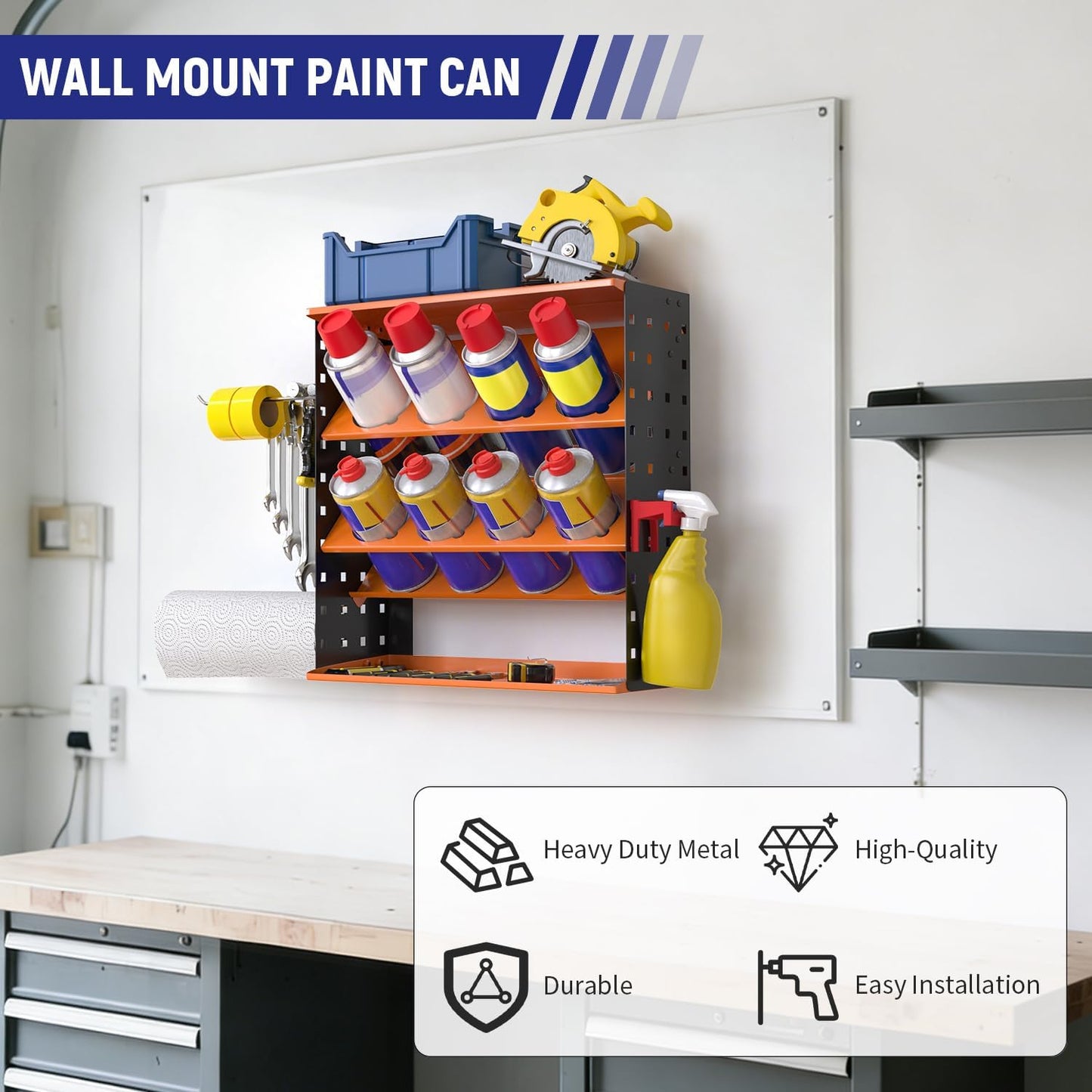 Wall Mount Spray Can Holder, Aerosol Spray Bottle Holder Storage Rack, Heavy-Duty Paint Bottle Organizer with 8 Can Holes & 4 Steel Hooks, 4 Plastic Hooks for Garage, Shop, Home or Tool Trailer