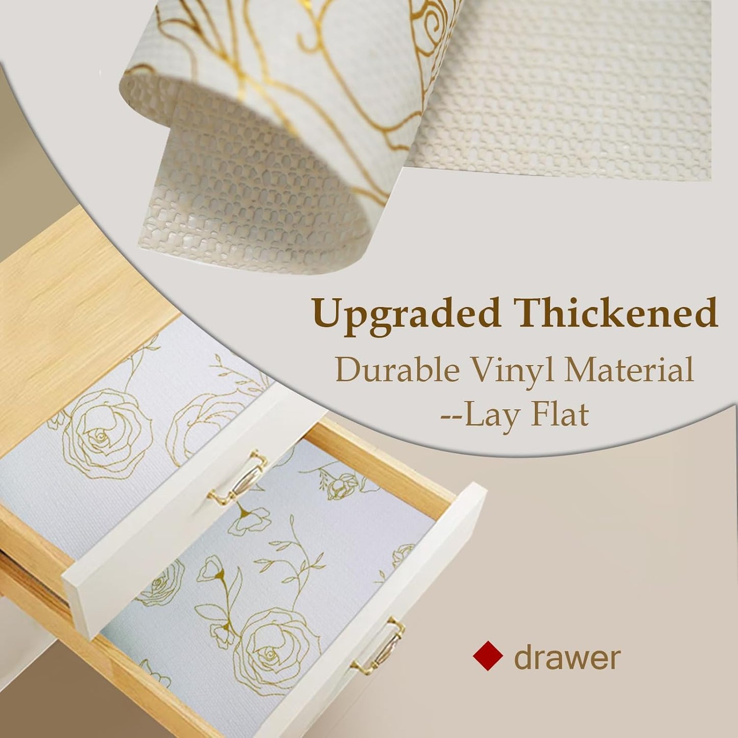 Moriah Shelf Liner for Kitchen Cabinet Non-Adhesive, Thickened Drawer Liner No Slip for Dresser Waterproof Cabinet Paper Liner for Bathroom Shelves Protects Surfaces(Rose,17.5'' x 10')