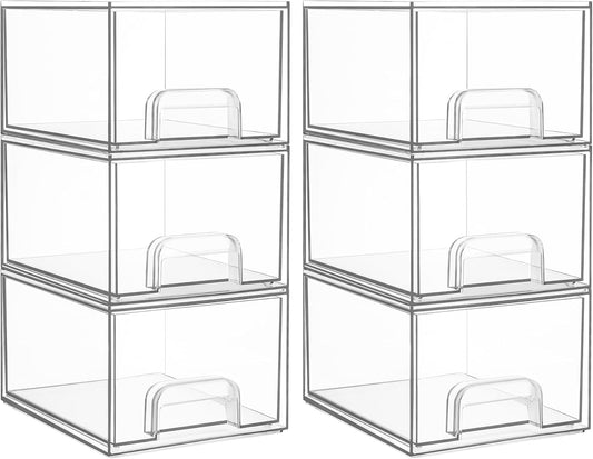 Vtopmart 6 Pack Small Clear Stackable Storage Drawers,Acrylic Bathroom Makeup Organizer,Plastic Storage Bins For Vanity, Undersink, Kitchen Cabinets, Pantry, Home Organization