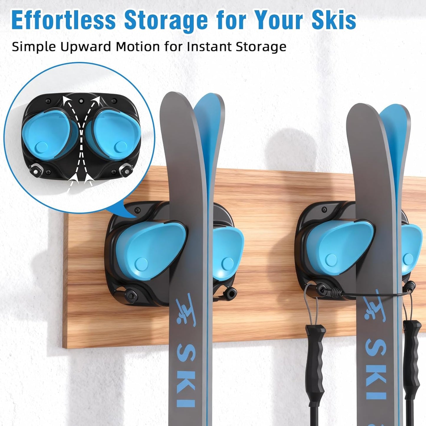 WDZREE Ski & Snowboard Wall Rack for Garage, Fits Any Ski or Board, Ski Wall Mount Garage Organization Holders, Damage-Free Storage Rack, Space-Saving Clamp Winter Gear Organizer, Blue (4 Pack)