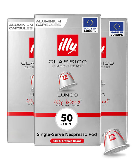 illy Aluminum Espresso Capsules - Compatible with Nespresso Machines - Classico Lungo Roast Coffee - Mild & Balanced - Notes Of Caramel, Orange Blossom & Jasmine - 10 Count (Pack of 5)