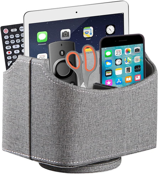 PU Leather Remote Control Holder,360 Degree Spinning Desk TV Remote Caddy,Desk Organizers and Accessories,for Controller,Media,Mail,Calculator,Mobile Phone,Pen Storage Holder (Gray Cloth)