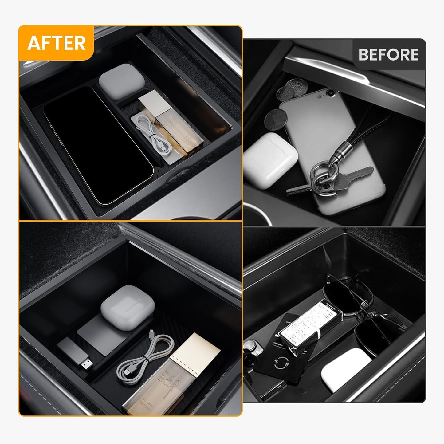 2PCS Center Console Organizer Tray for Tesla 2025 Model Y Juniper & Model 3 Highland 2025 2024, 2025 Upgrade Car Accessories with Center Console Storage Tray Armrest Hidden Storage Box