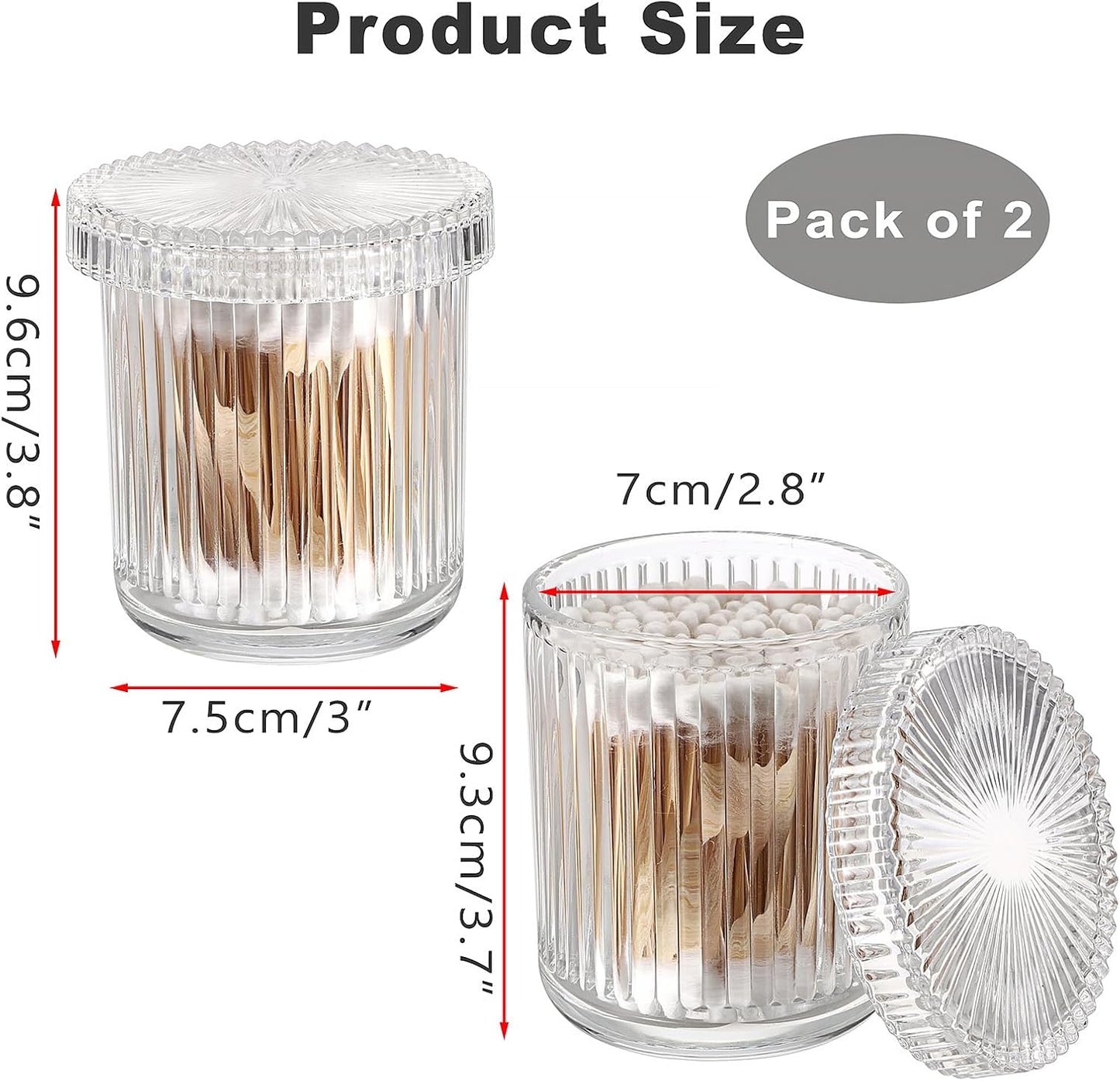 2 Pack Glass Qtip Holder with Lid, Qtip Dispenser Bathroom Storage Jars- Glass Apothecary Jars for Cotton Ball, Swab, Pads, Floss Picks, Bathroom Accessories Organization and Vanity Organizer(Clear)