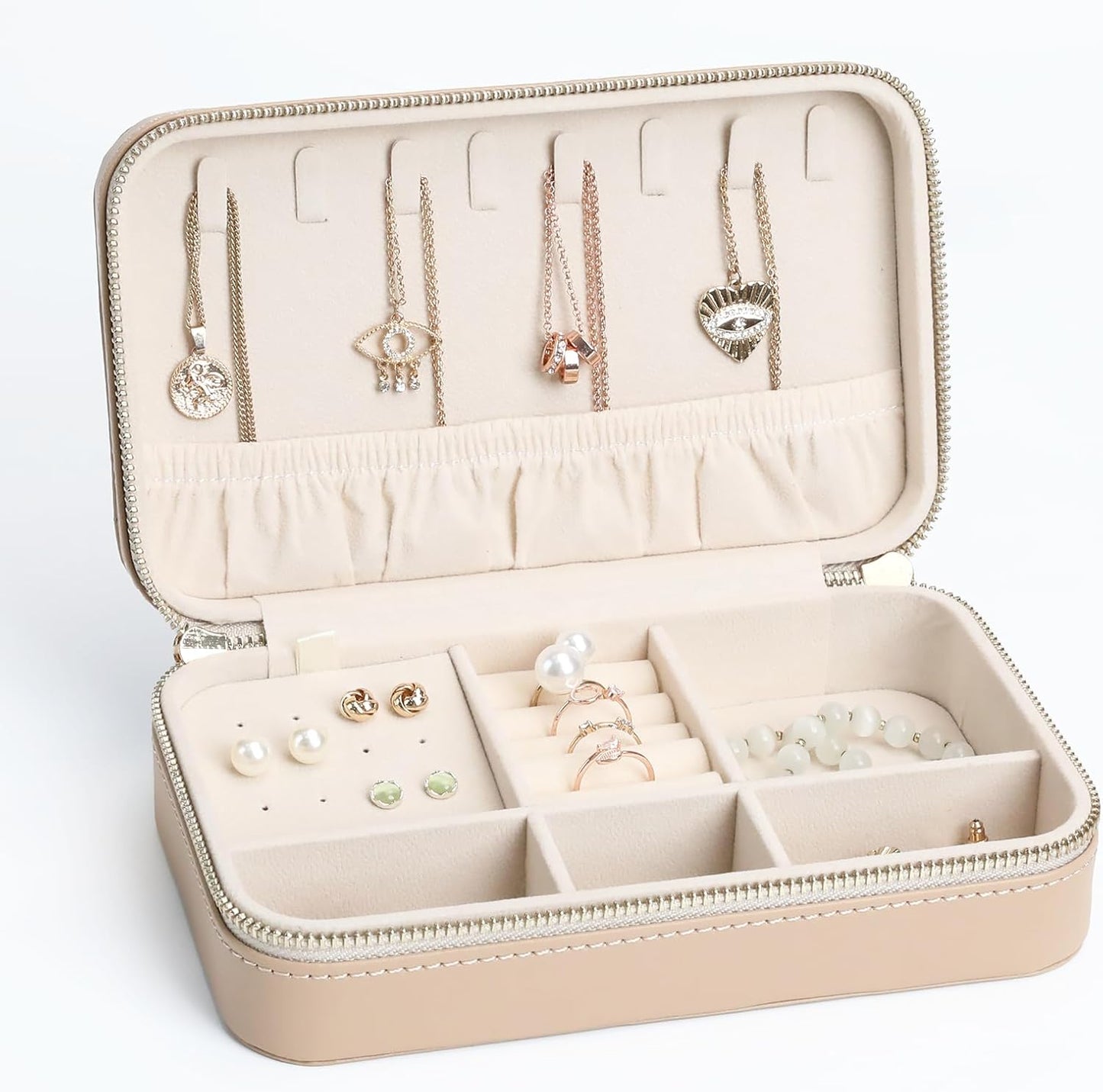 Leather Jewelry Box Women's Travel Jewelry Organizer with Zippered Design Tangle-Free Storage for Necklaces, Earrings, and Bracelets, Luxury Gift Box Apricot