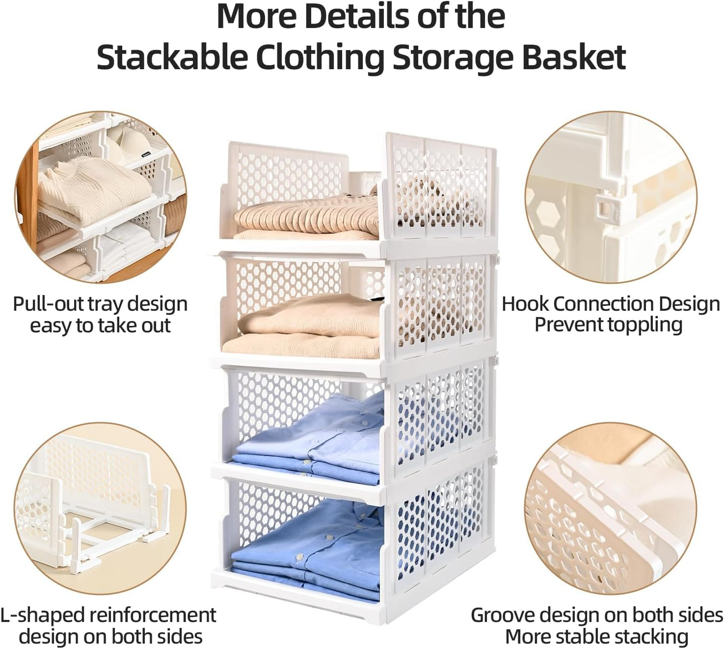Pull-out Plastic Storage Basket,Stackable Closet Organizers Drawer Anti-Tipping, Reinforced Stable Shelf Container for Bathroom Laundry Room Storage, Space-Saving Clothes Storage (White, 4L)
