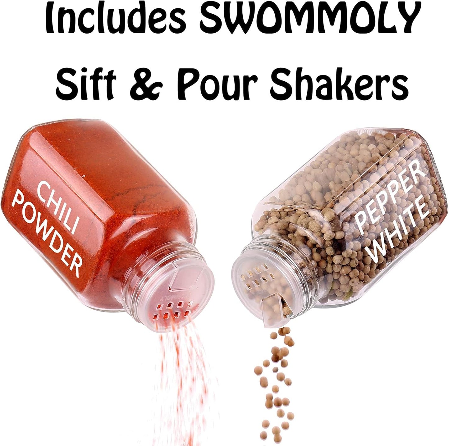 SWOMMOLY 30 Glass Spice Jars 6 oz Empty Square Spice Bottles with 703 Spice Labels, Chalk Marker and Funnel Complete Set. 30 Spice Containers with Airtight Cap, Pour/sift Shaker Lid