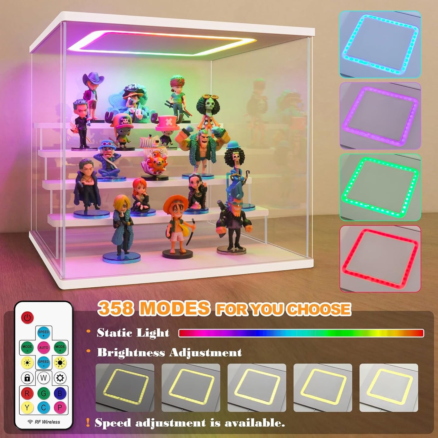NONEMEY Clear Acrylic Display Case with Light ,3/4/5/6 Tier Multiple Color Lights via Remote Control Dustproof Display Box for Collectibles Figures Mini Toys (6 Tiers 19.6 * 12.5 * 16.5inch)