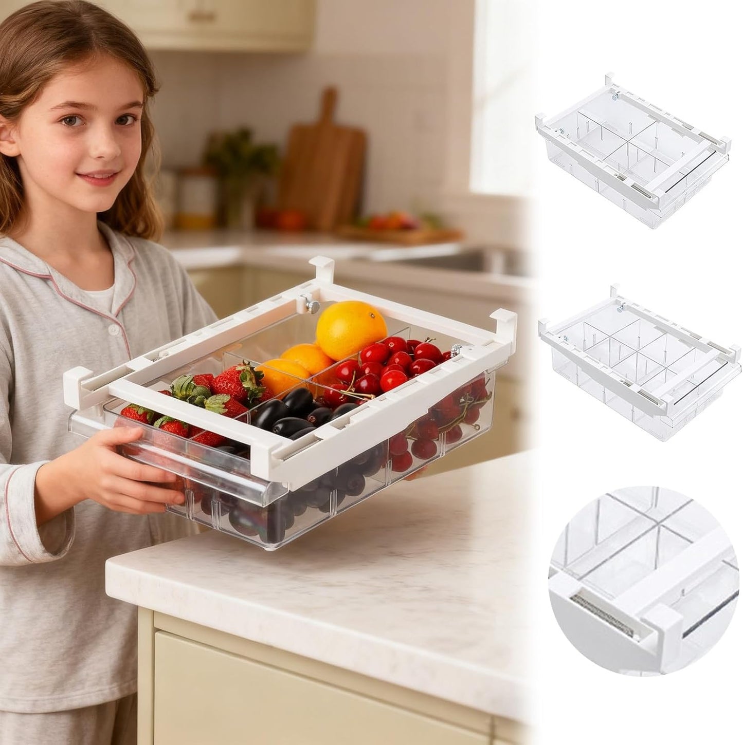 Fridge Drawer Organizer, Refrigerator Organizer Bins, Pull Out with Handle, fridge drawer organizer for Deli Meat, Cheese, Produce and More, Stretchable and Deep Storage (White-2)